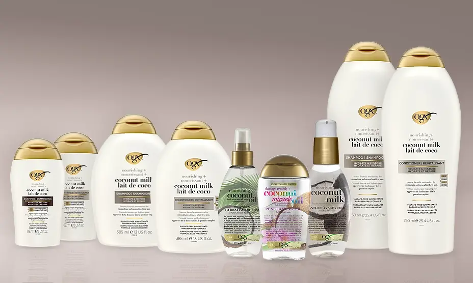 A banner displaying nine OGX® Canada Coconut Milk Hair Care Line products