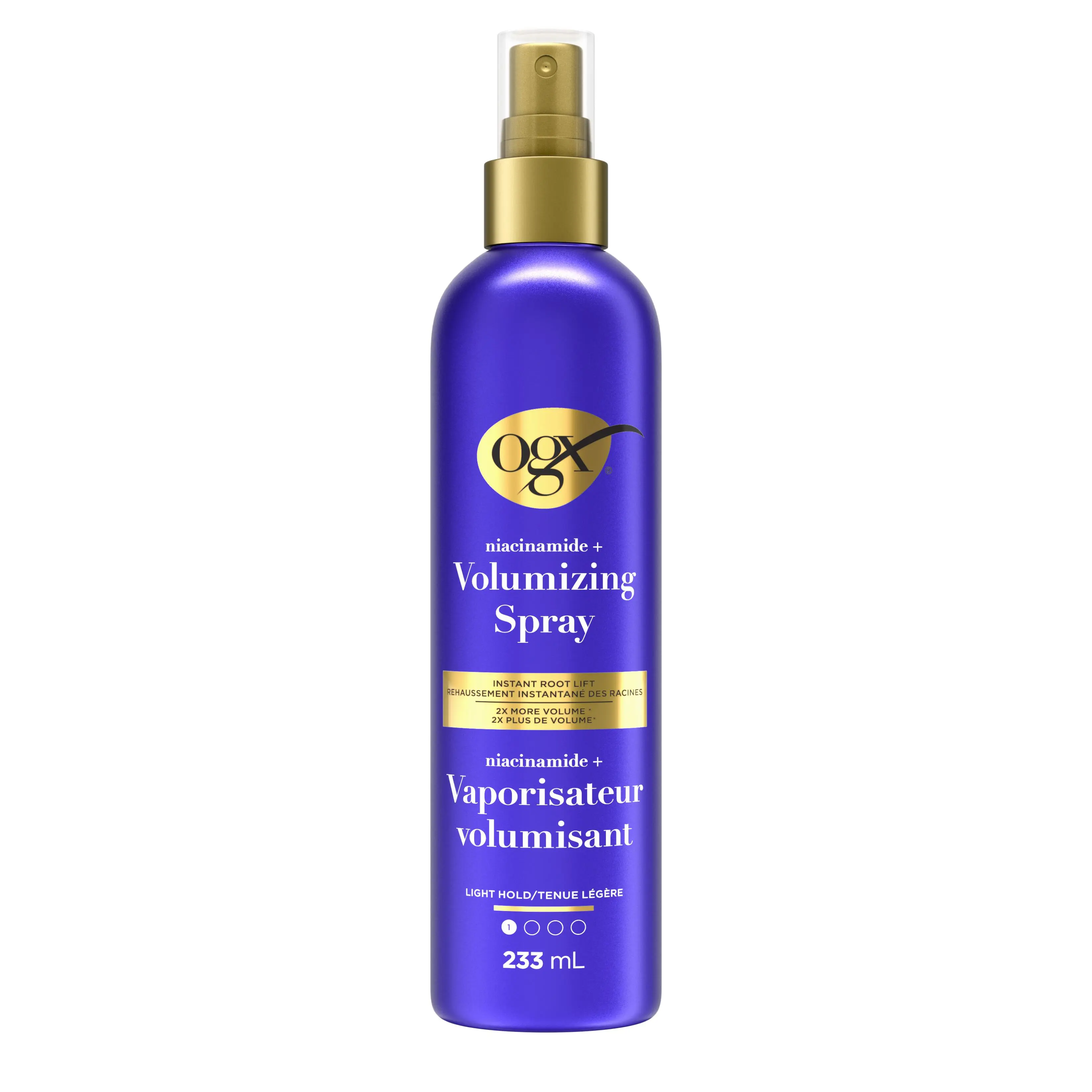 Vue avant du vaporisateur volumisant OGX® + niacinamide, flacon vaporisateur de 233 ml​