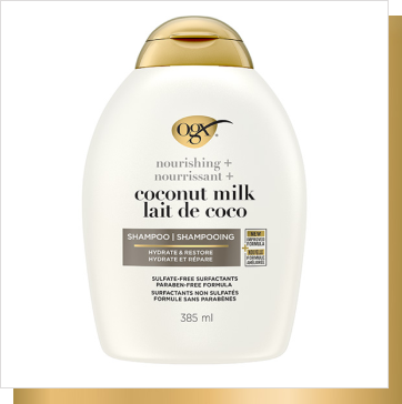 Front shot of OGX ® Nourishing + Coconut Milk Shampoo (Hydrate & Restore), 385 mL