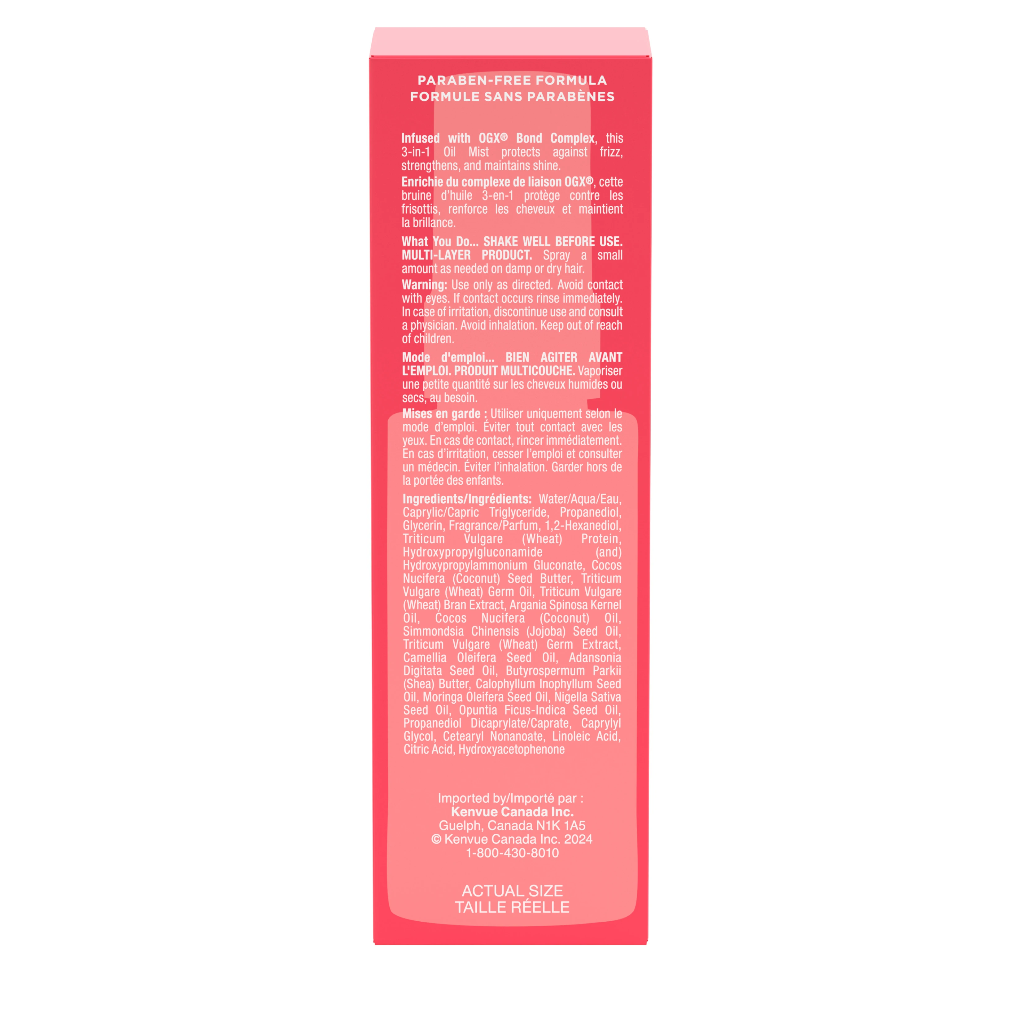 Back shot of OGX® Bond Protein Repair 3-in-1 Hair Oil Mist Spray, 50 mL packaging