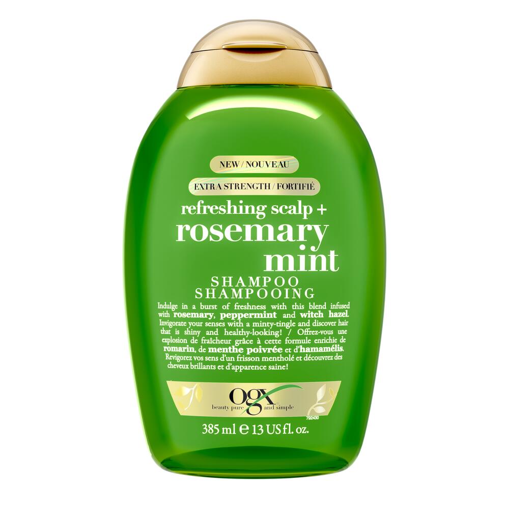 Vue de face shampooing extra fort pour cuir chevelu revigoré + romarin et menthe OGX®, bouteille de 385 mL