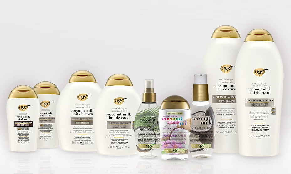 Une bannière présentant neuf produits de soins capillaires hydratants au lait de coco d’OGX® Canada