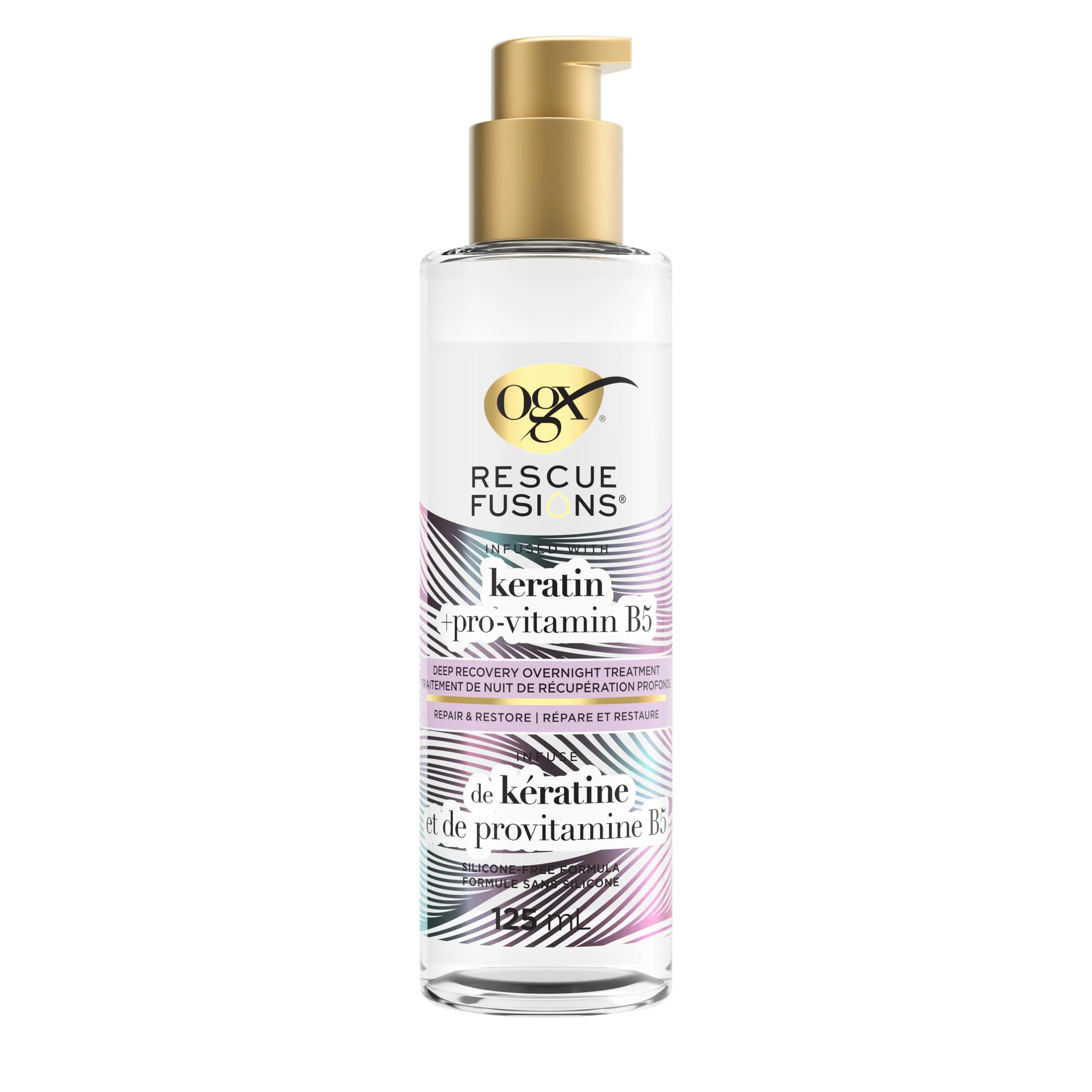 Front shot of OGX® Rescue Fusions® Keratin + Pro-Vitamin B5 Deep Recovery Overnight Treatment 125 mL pump bottle.