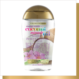 Photo de face de l’huile pénétrante fortifiée OGX® remède contre les dommages + huile de noix de coco miracle pour cheveux secs et épais