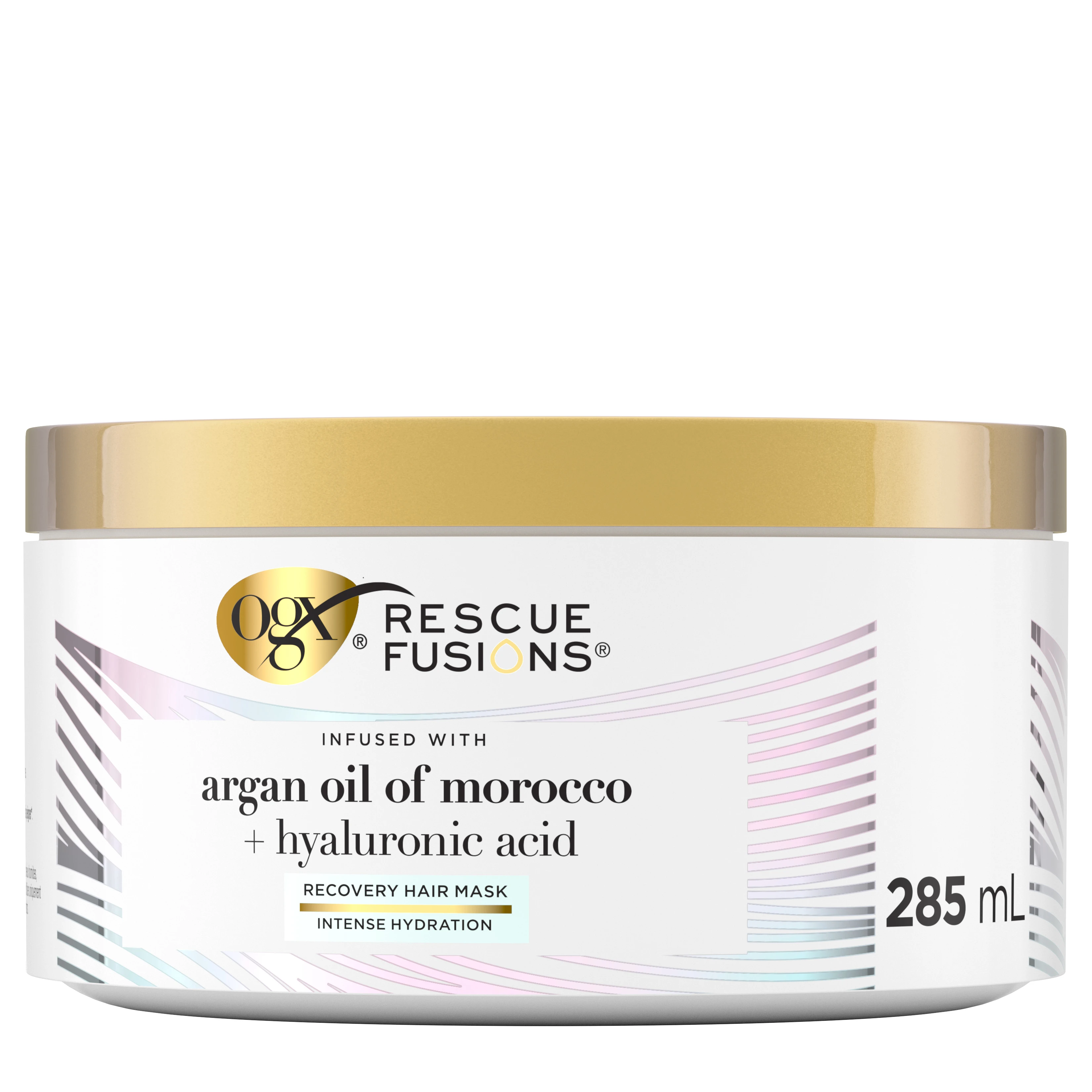 Front shot of OGX® Rescue Fusions® Argan Oil of Morocco + Hyaluronic Acid Recovery Hair Mask for Dry Hair, 285 mL jar.