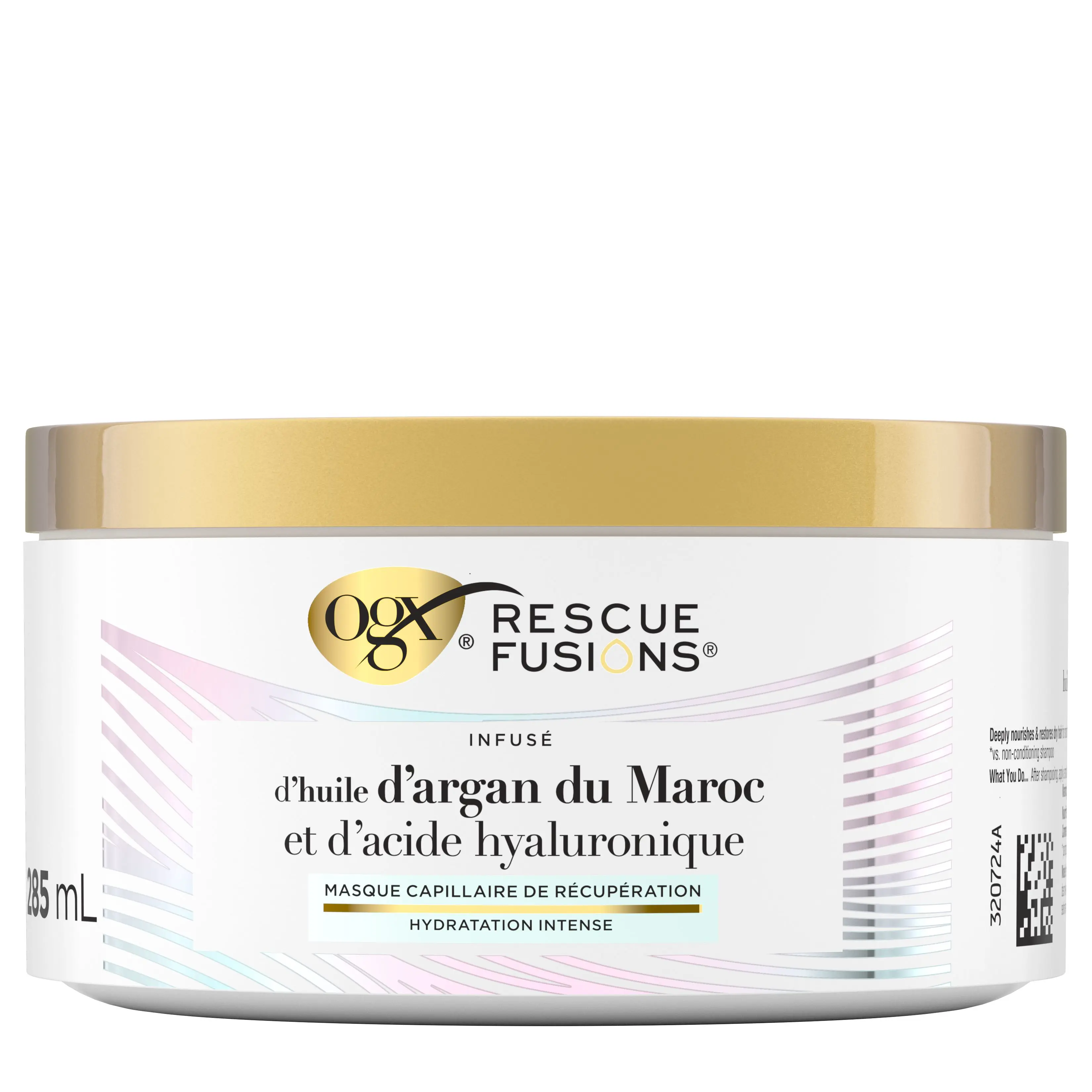 Vue avant du masque capillaire de récupération OGX® Rescue Fusions® huile d’argan du Maroc + acide hyaluronique pour cheveux secs, flacon de 285 ml