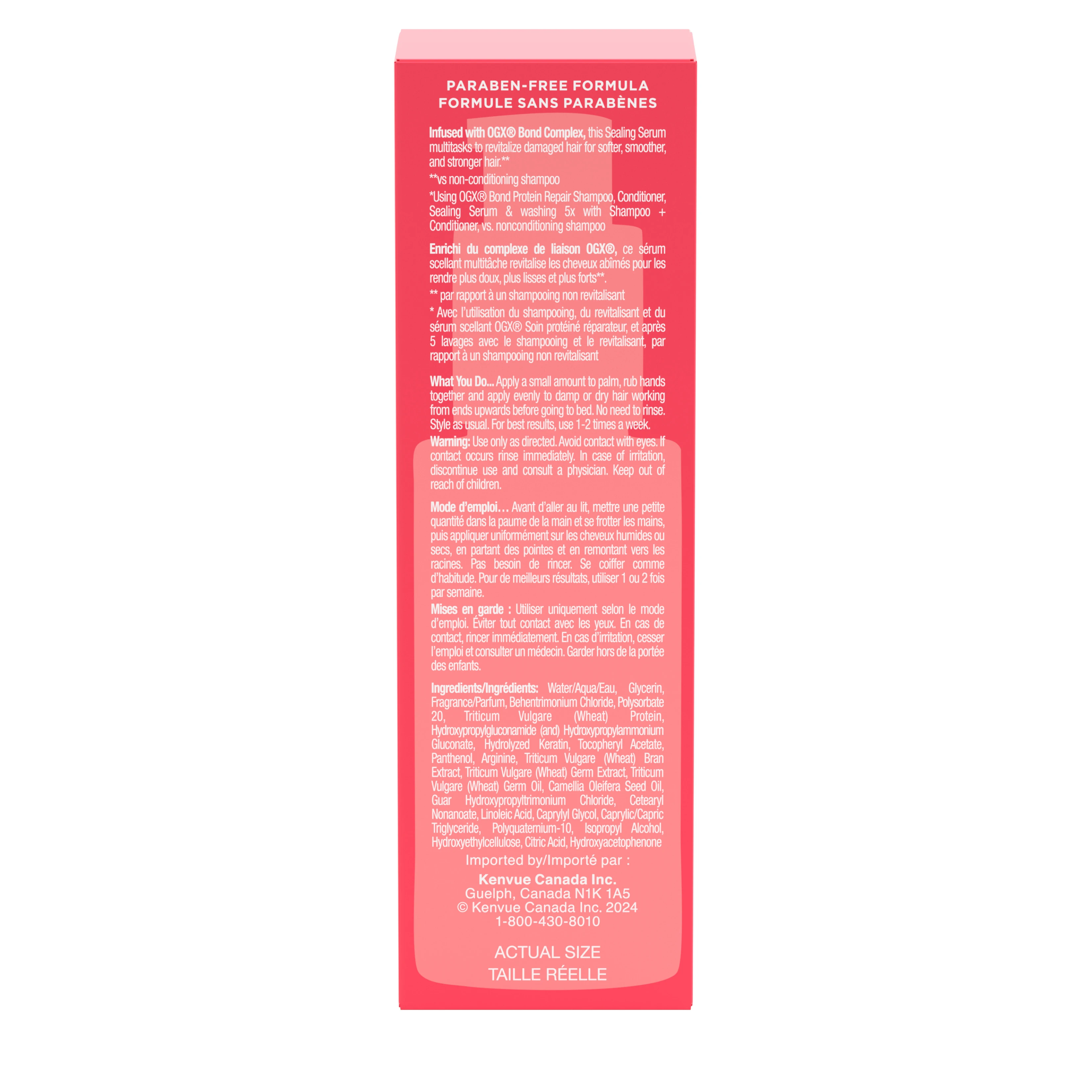 Back shot of OGX® Bond Protein Repair Sealing Serum packaging