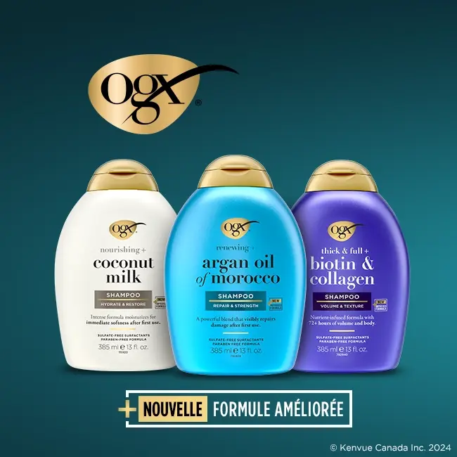 Une bannière affichant trois produits de soins capillaires d’OGX® Canada et le logo de la marque