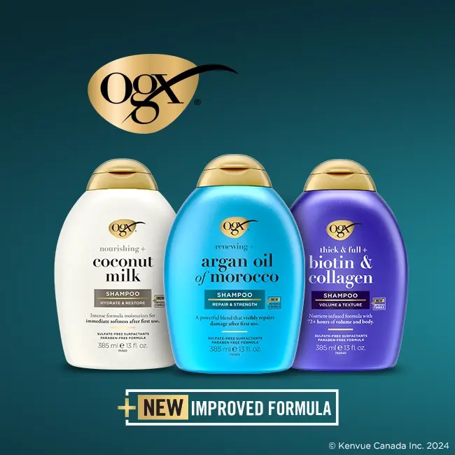 A banner displaying three OGX® Canada hair care products and the brand’s logo