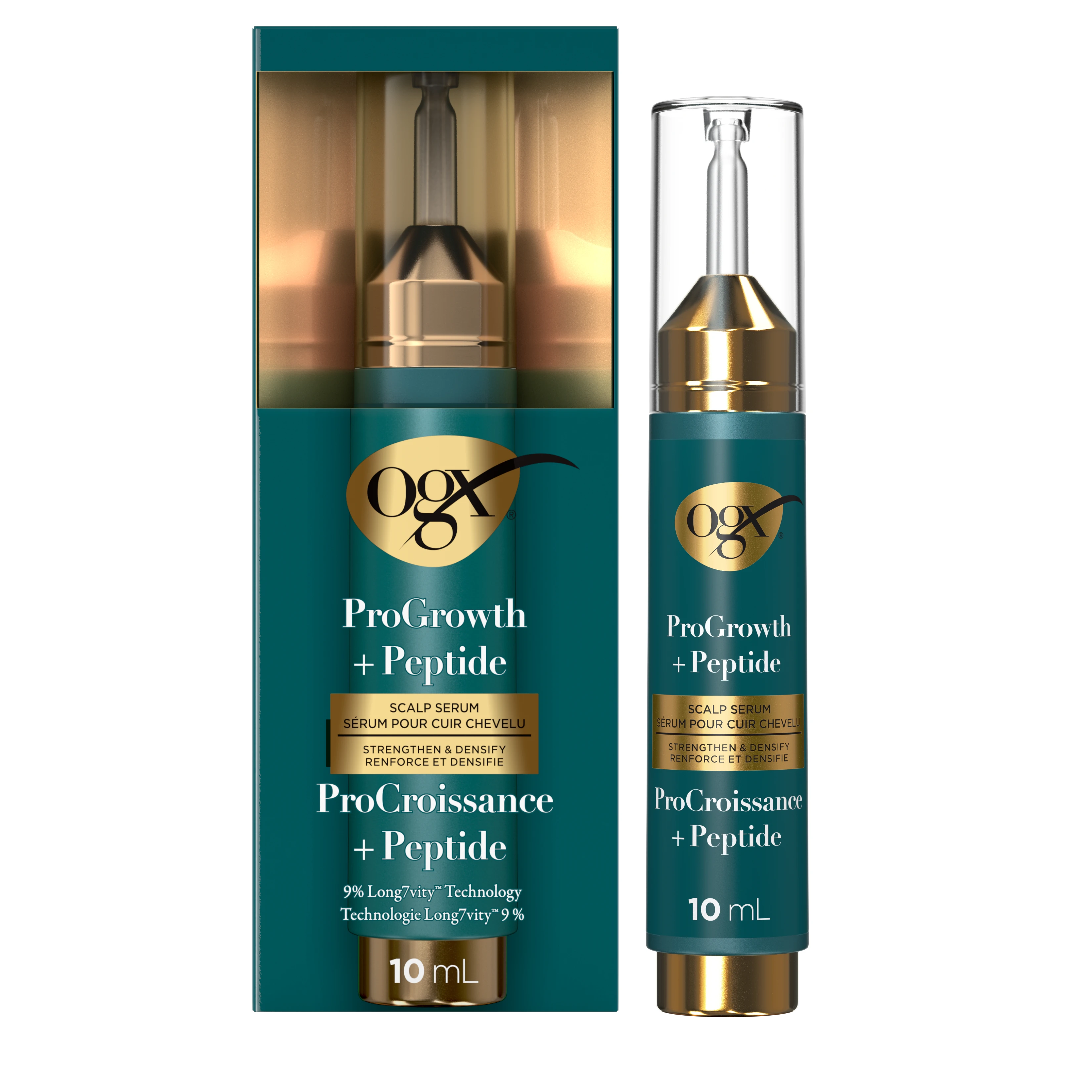 Front shot of OGX® ProGrowth + Peptide Scalp Serum 10mL bottle next to its packaging
