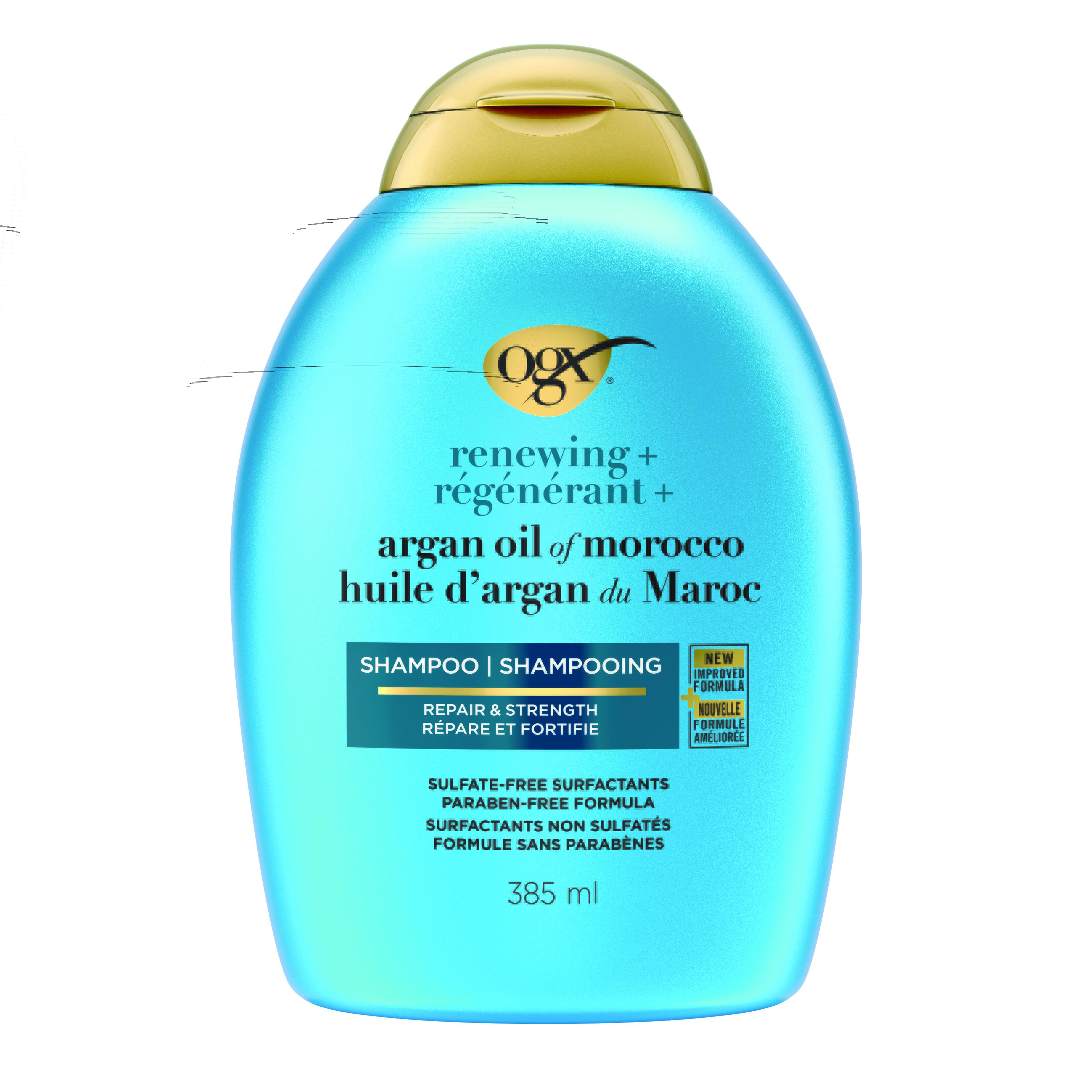 Vue de face shampooing régénérant + huile d’argan du Maroc OGX®, 385 ml, bouteille compressible