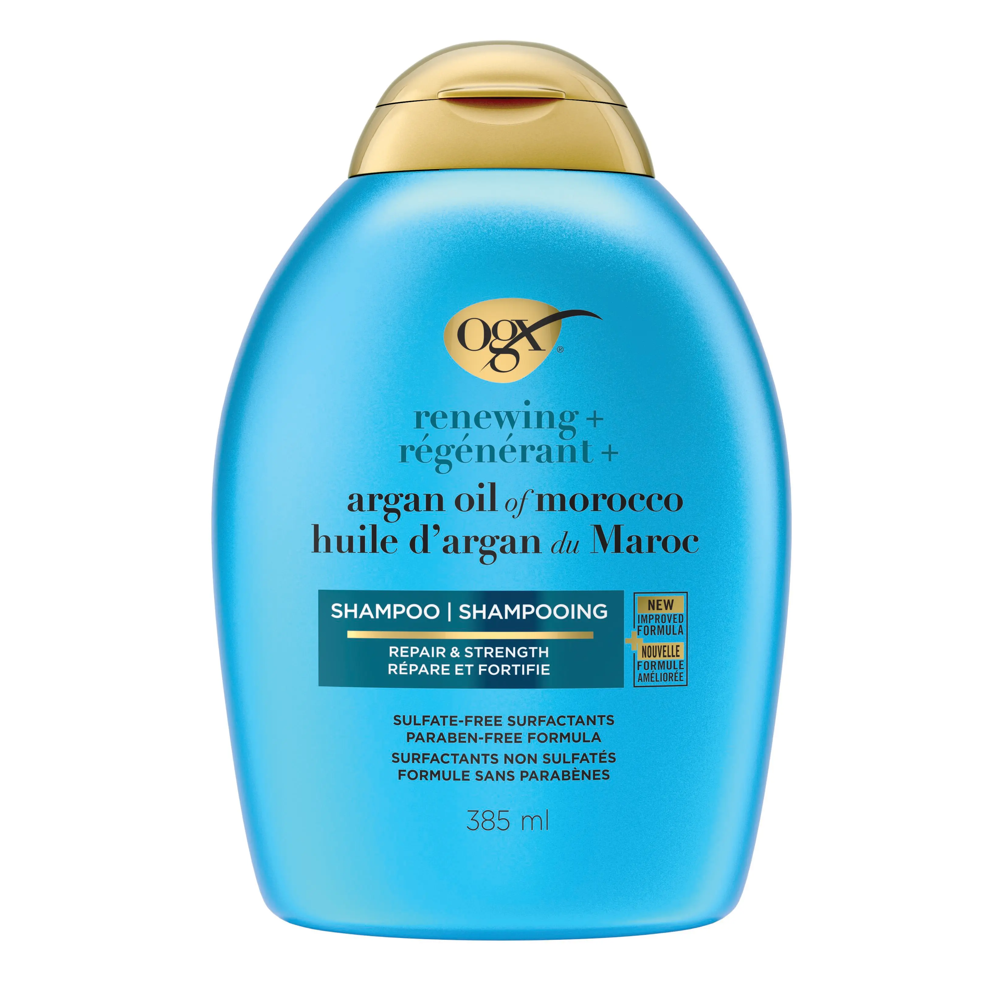 Vue de face shampooing régénérant + huile d’argan du Maroc OGX®, 385 ml, bouteille compressible