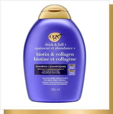 Front shot of OGX ® Thick & Full + Biotin & Collagen Shampoo (Volume & Texture), 385 mL