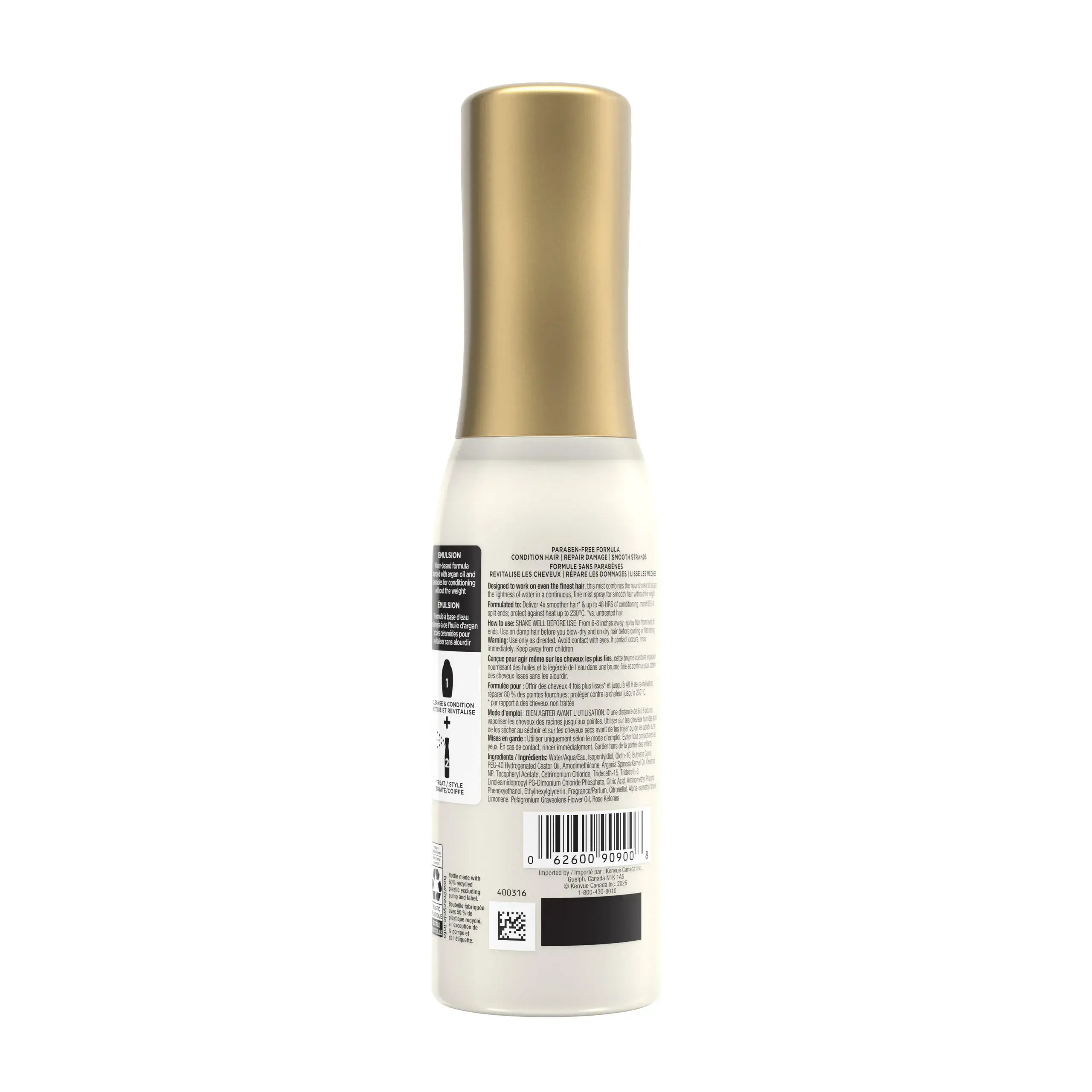 Vue de dos de la brume revitalisante Smooth Emulsion à l’huile d’argan OGX®, 193 ml