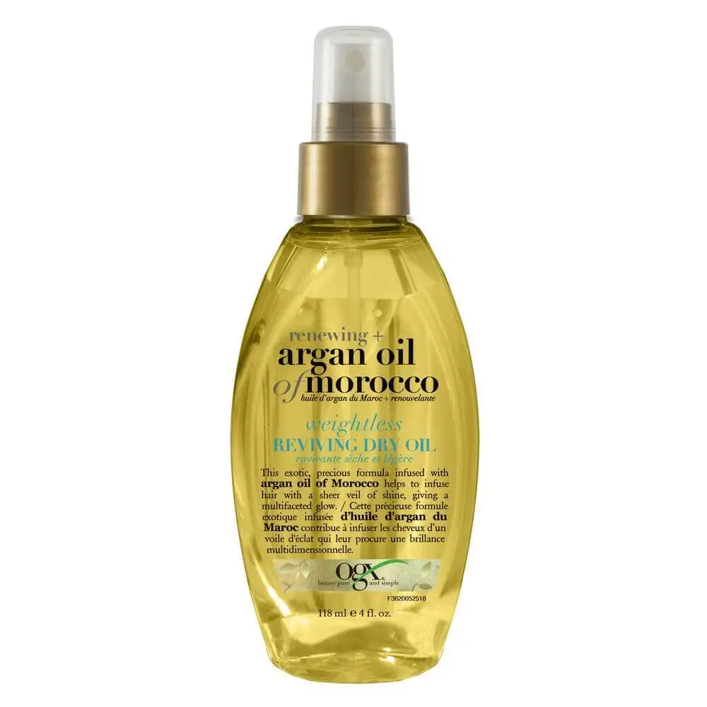 Vue de face du vaporisateur de brume d’huile sèche vivifiante légère Regénérant+ à l’huile d’argan du Maroc OGX®, 118 mL