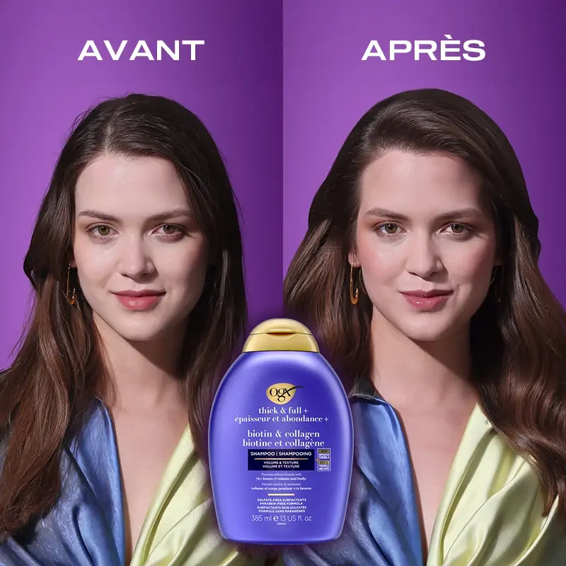 Image avant et après l’utilisation du shampooing OGX® à la biotine et au collagène sur les cheveux d’une femme