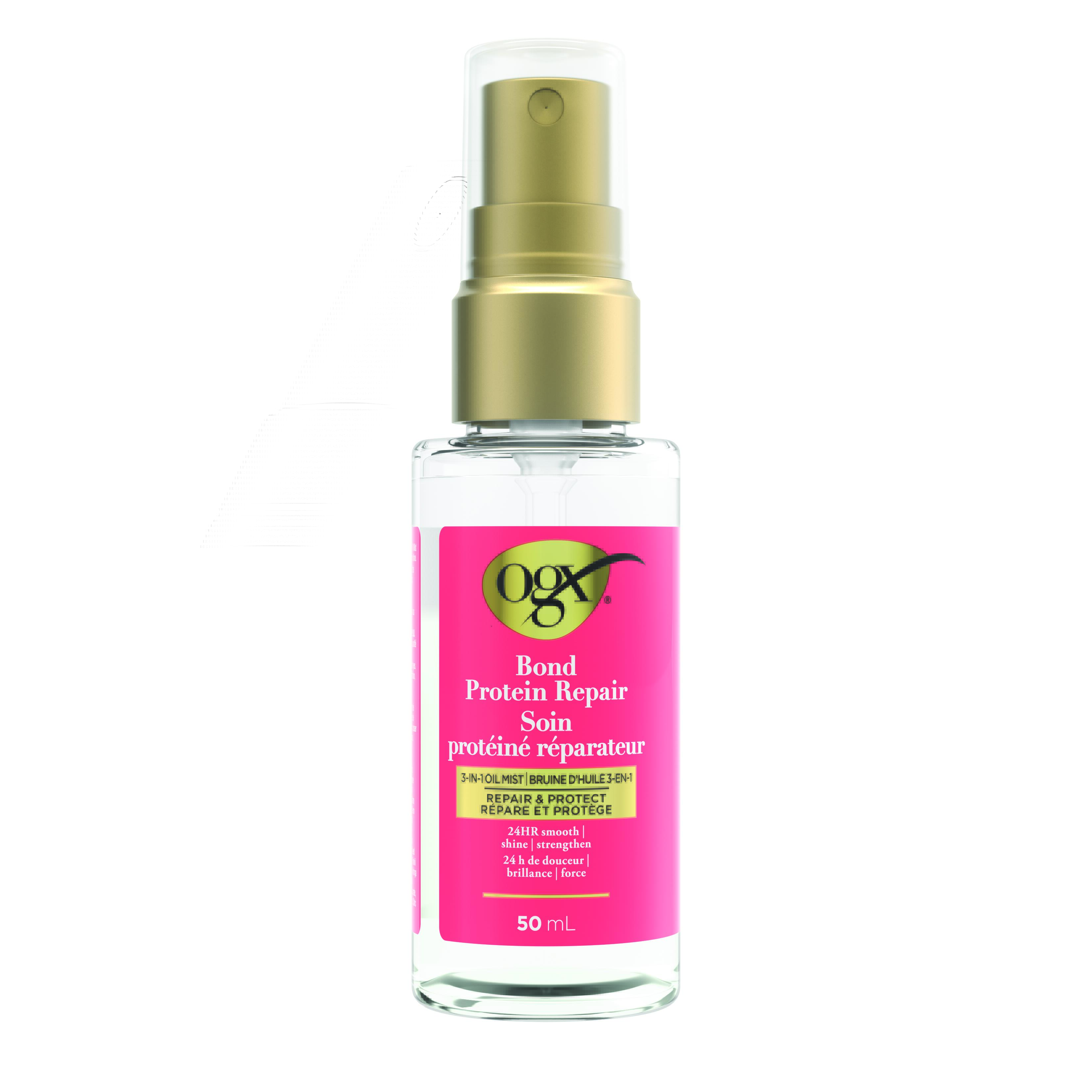 Vue de face de la brume d’huile 3 en 1 Soin protéiné réparateur OGX®, bouteille de 50 mL et son emballage