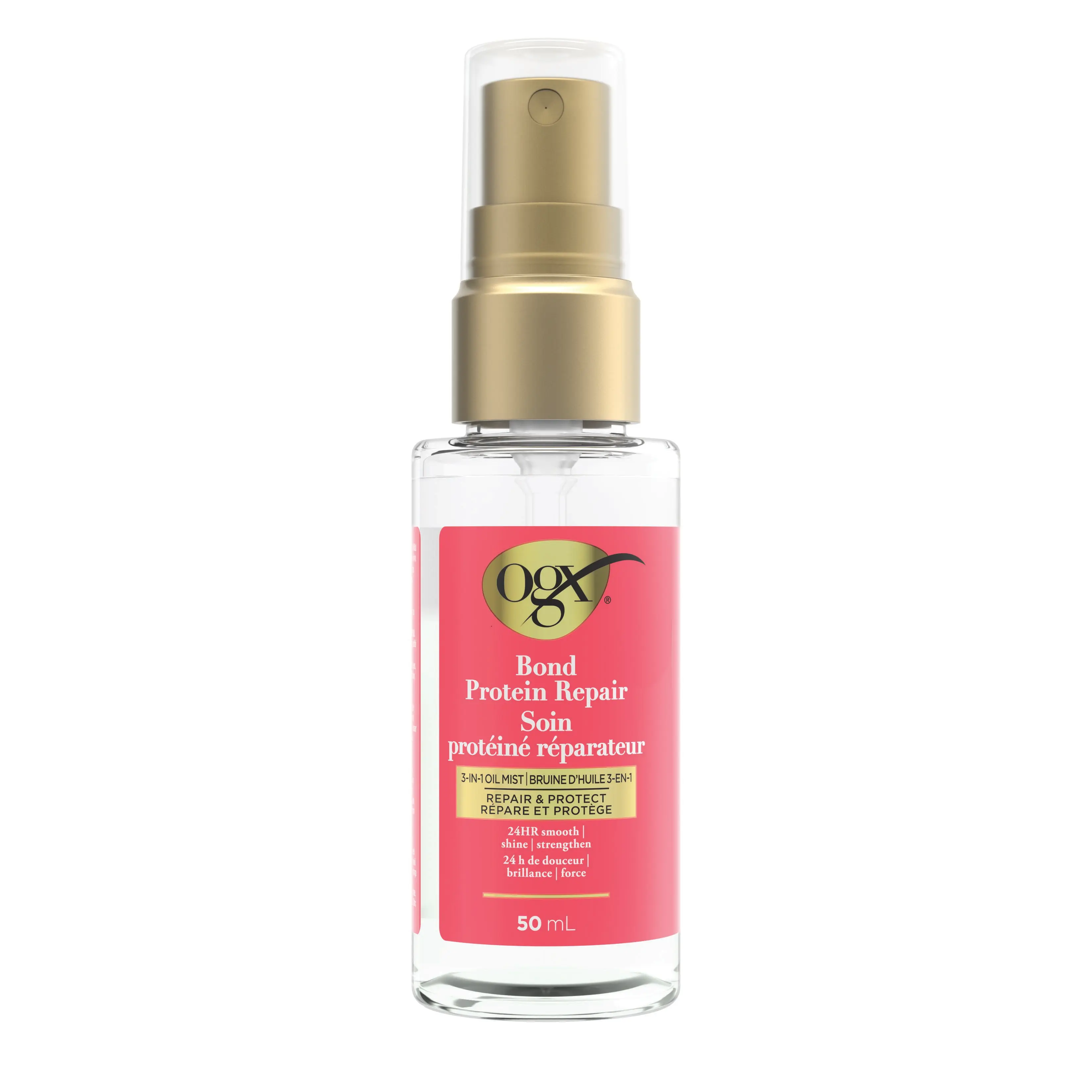 Front shot of OGX® Bond Protein Repair 3-in-1 Hair Oil Mist Spray, 50 mL bottle and its packaging
