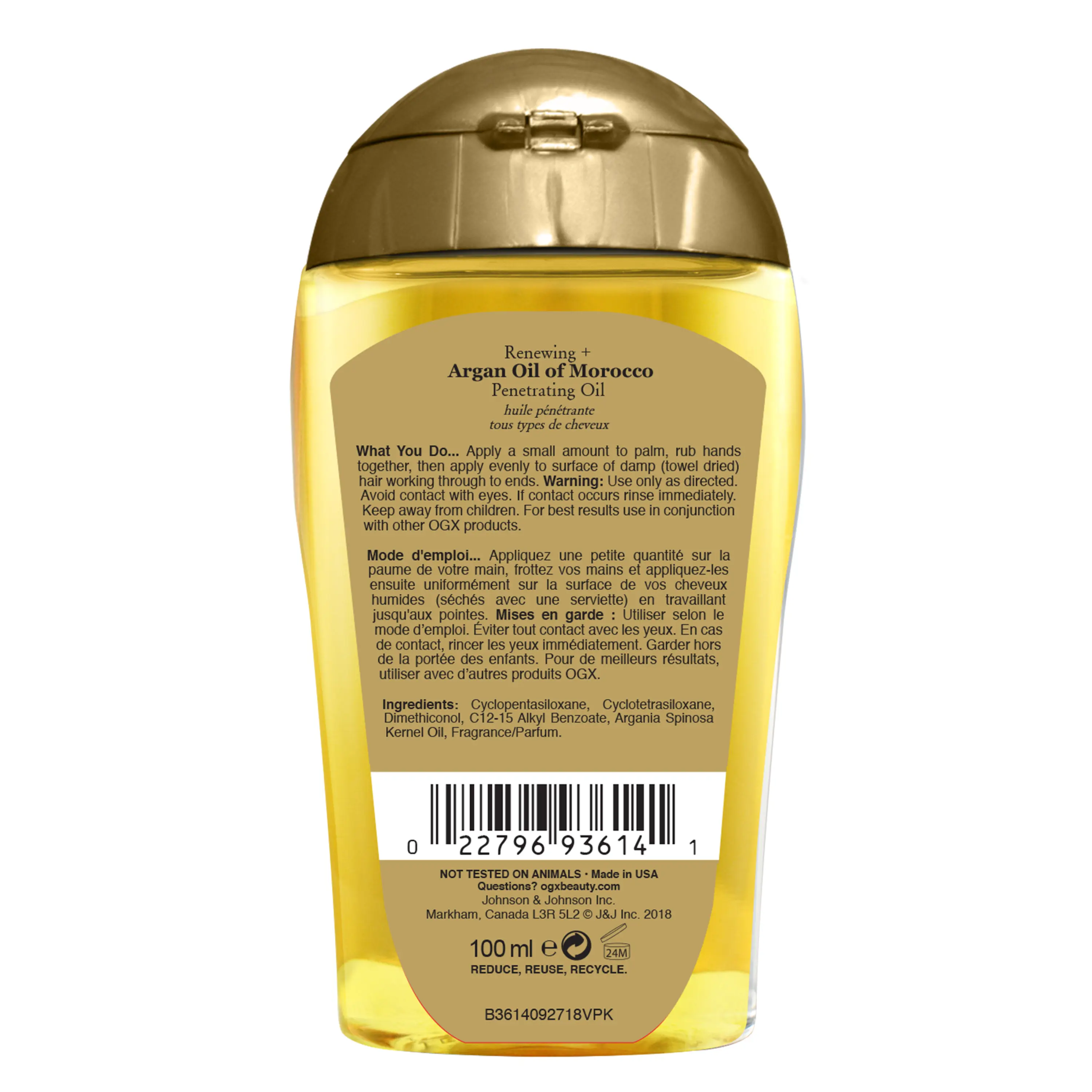 Vue arrière de l’huile pénétrante régénérante + huile d’argan du Maroc OGX®, bouteille de 100 mL