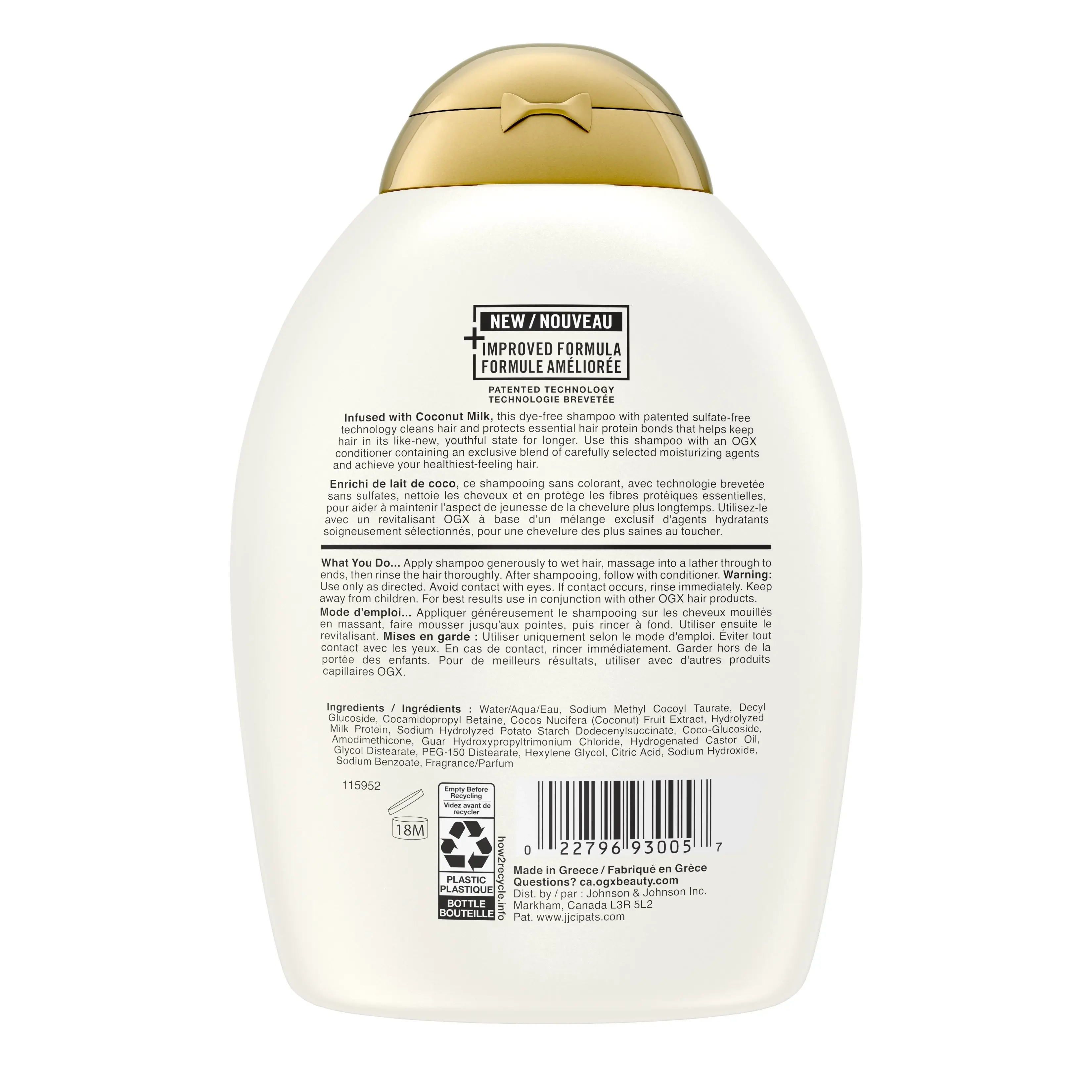 Back shot of OGX® Nourishing+ Coconut Milk Shampoo, 385 mL bottle