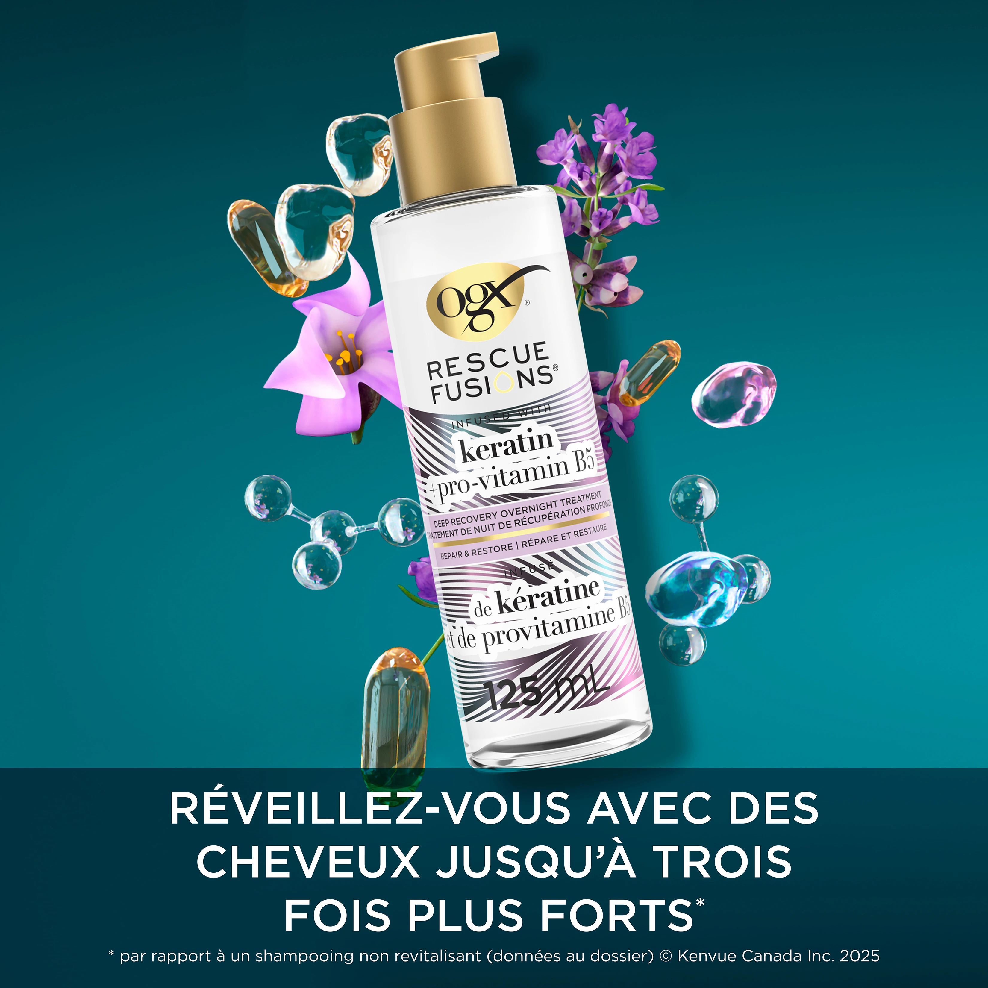 Image numérique améliorée du traitement de nuit de récupération profonde OGX® Rescue Fusions®, flacon à pompe de 125 ml.