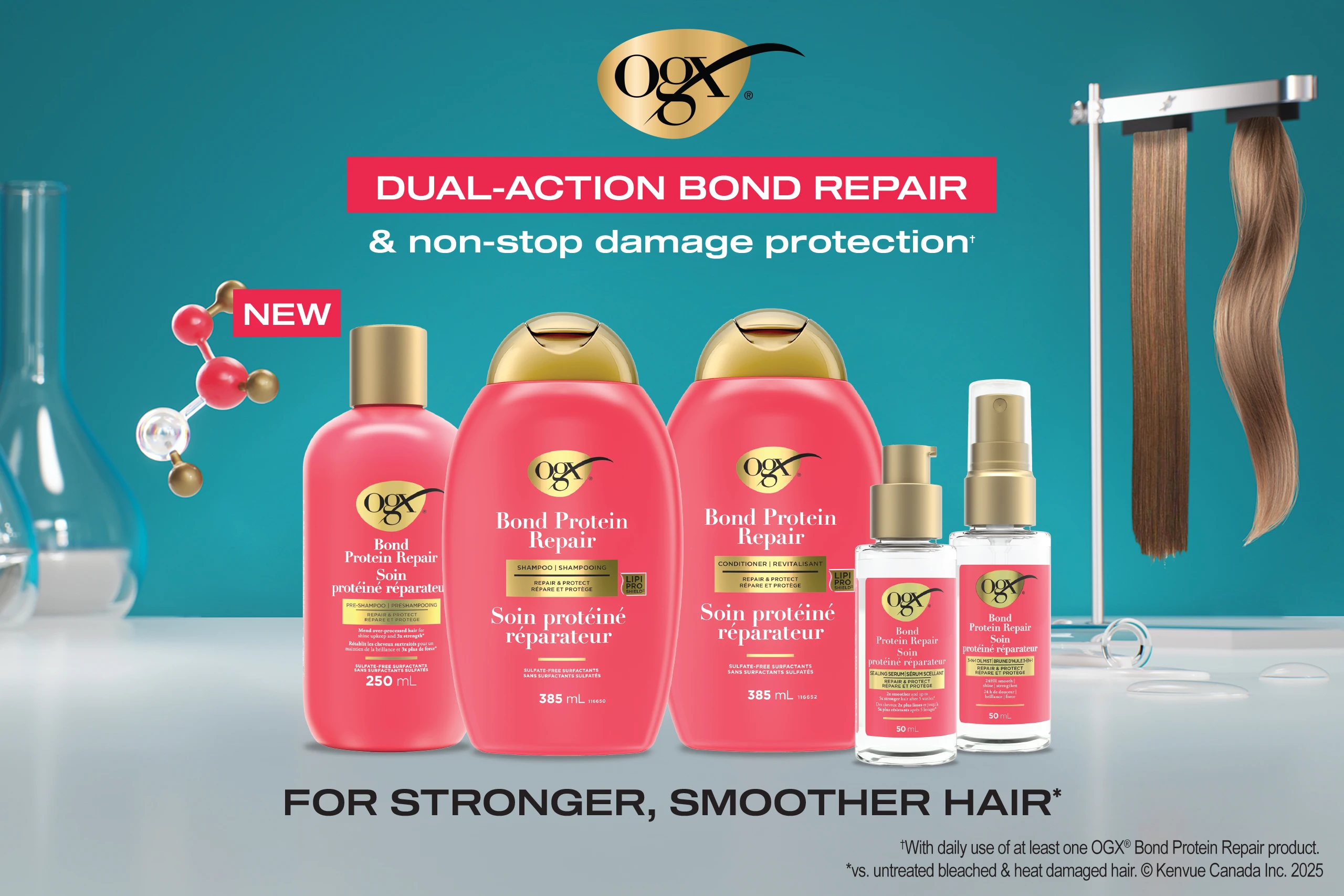A banner displaying five OGX® Bond Protein Repair haircare line products next to healthy hair strands