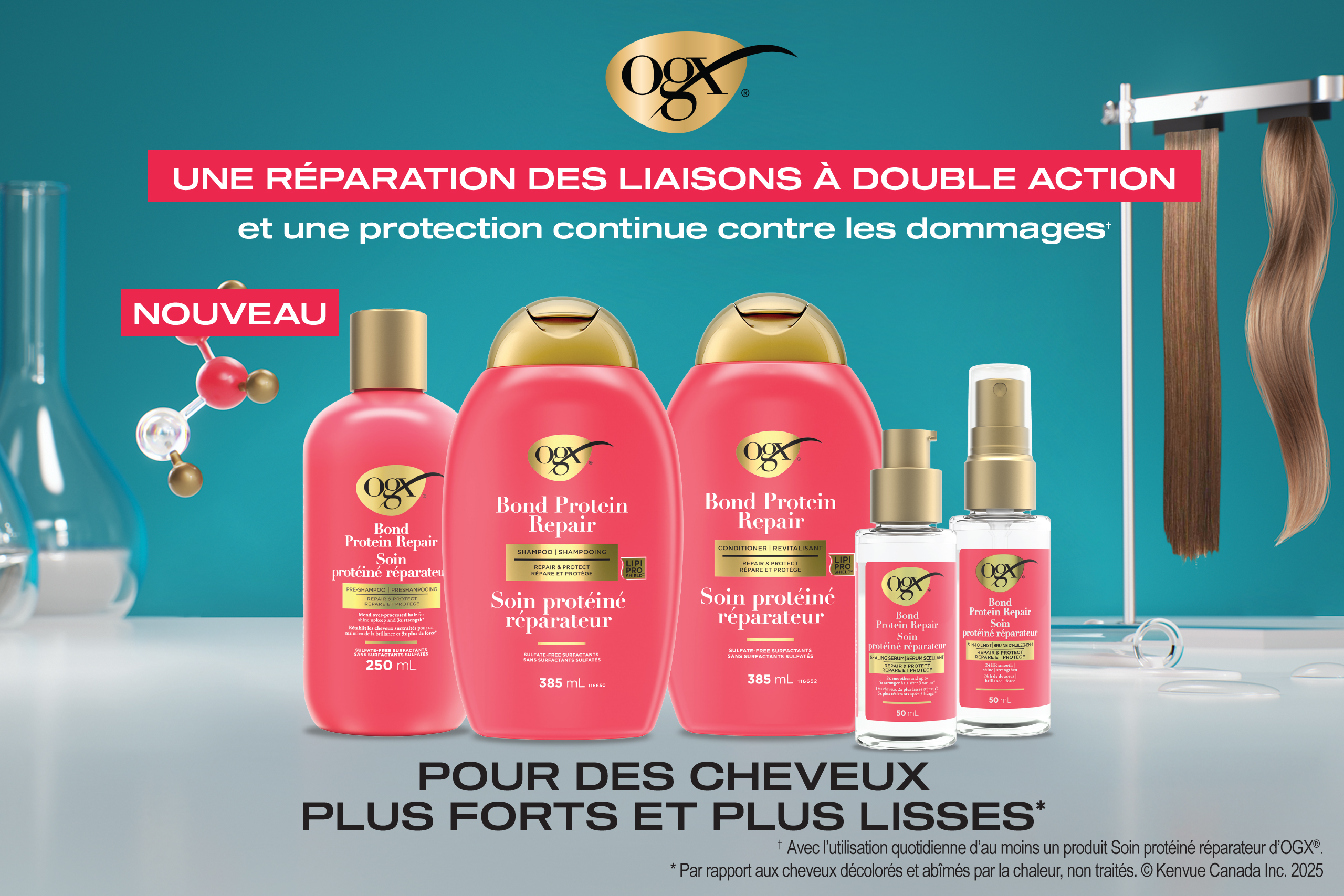 Une bannière affichant cinq produits de la gamme de soins capillaires Soin protéiné réparateur d’OGX® à côté de mèches de cheveux sains