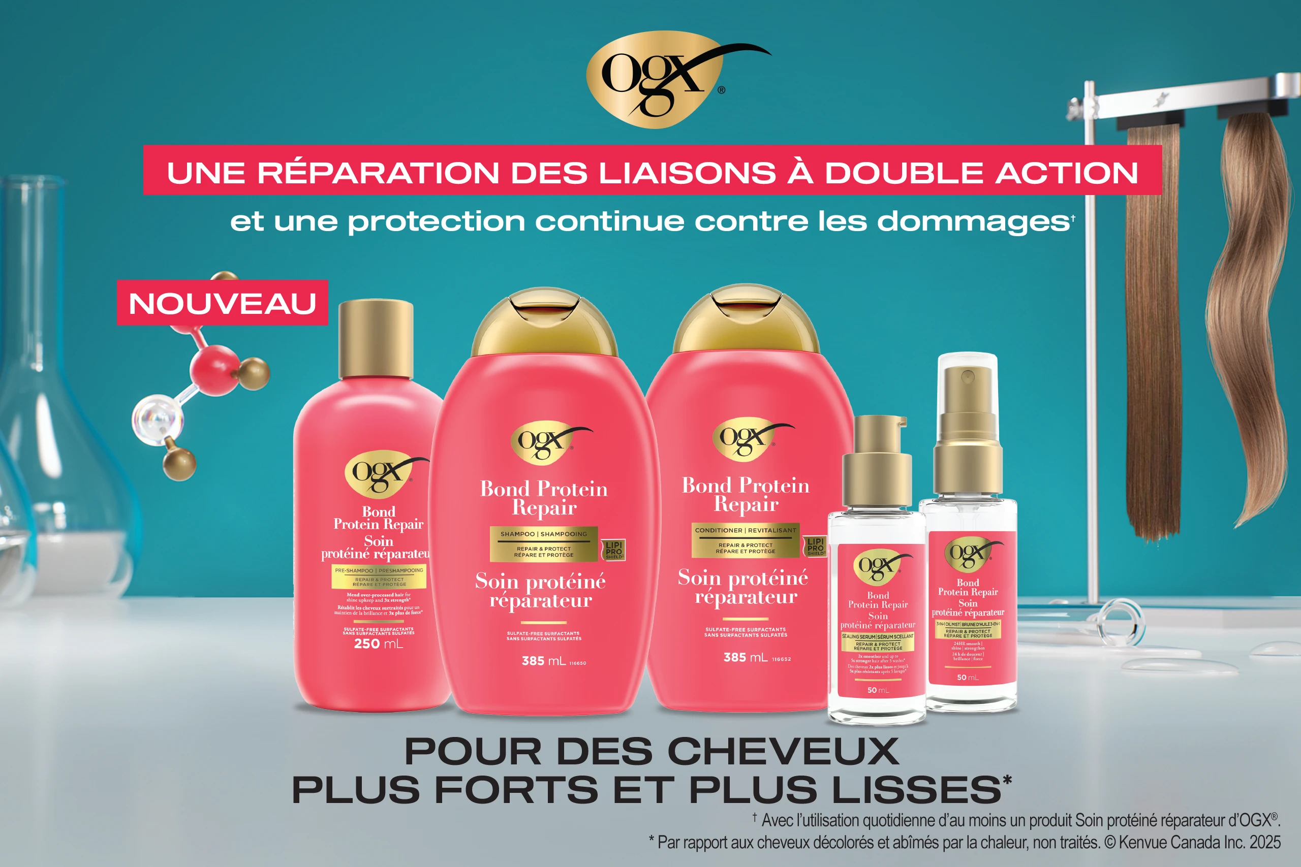Une bannière affichant cinq produits de la gamme de soins capillaires Soin protéiné réparateur d’OGX® à côté de mèches de cheveux sains