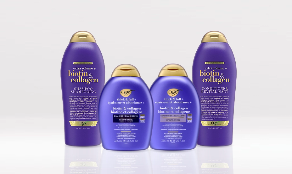 Une bannière présentant quatre produits de soins capillaires volumisants biotine et collagène d’OGX® Canada.