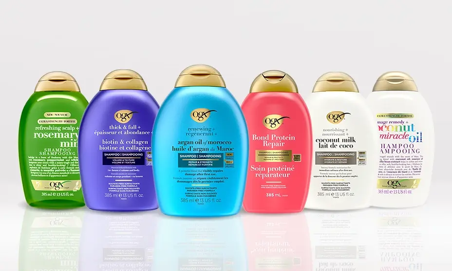 Une bannière présentant six shampooings OGX® Canada