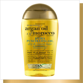 Photo de face de l’huile extra pénétrante OGX® huile d’argan du Maroc + renouvelante pour cheveux secs et épais, 100 ml