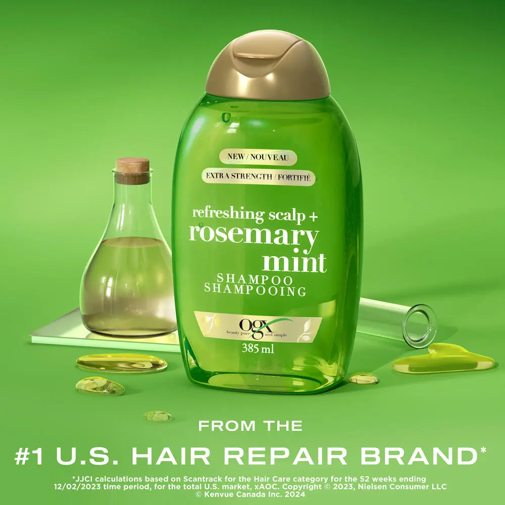 Front shot of OGX® Rosemary Mint Shampoo, 385 mL with lab tubes