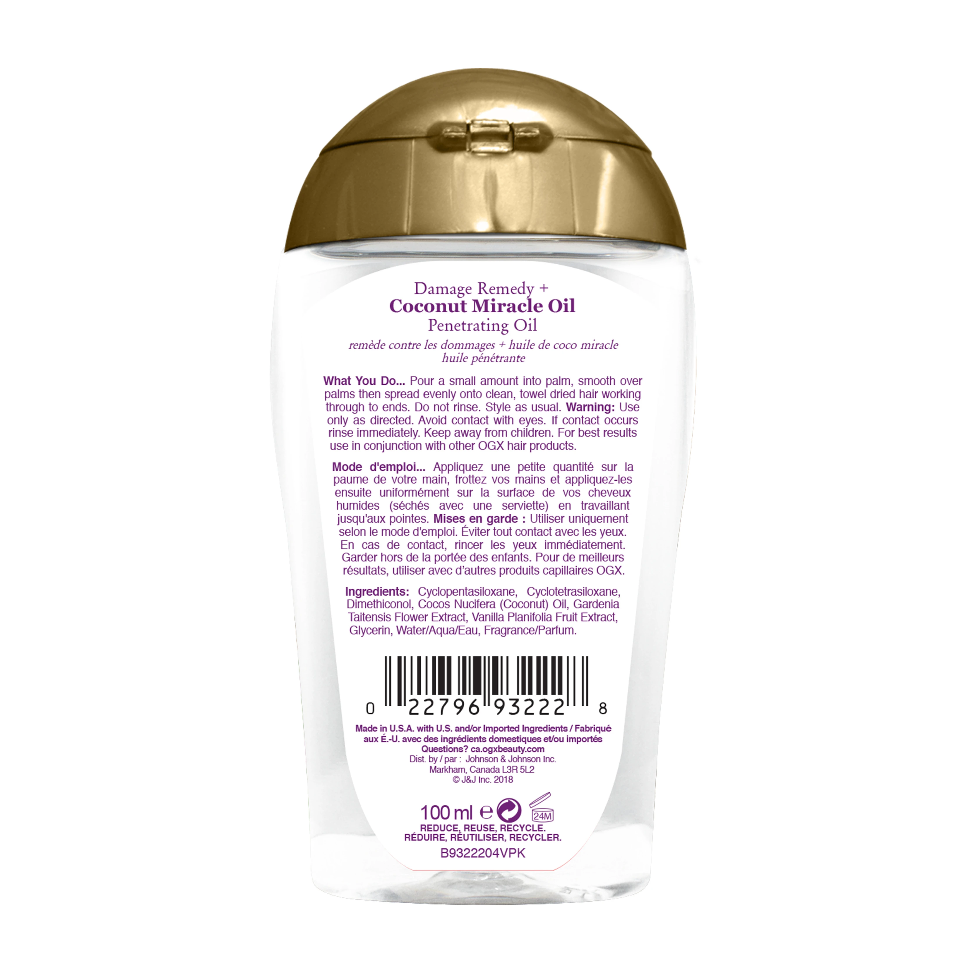 Back shot of OGX® Extra Strength Damage Remedy + Coconut Miracle Oil Penetrating Hair Oil Treatment, 100 mL bottle
