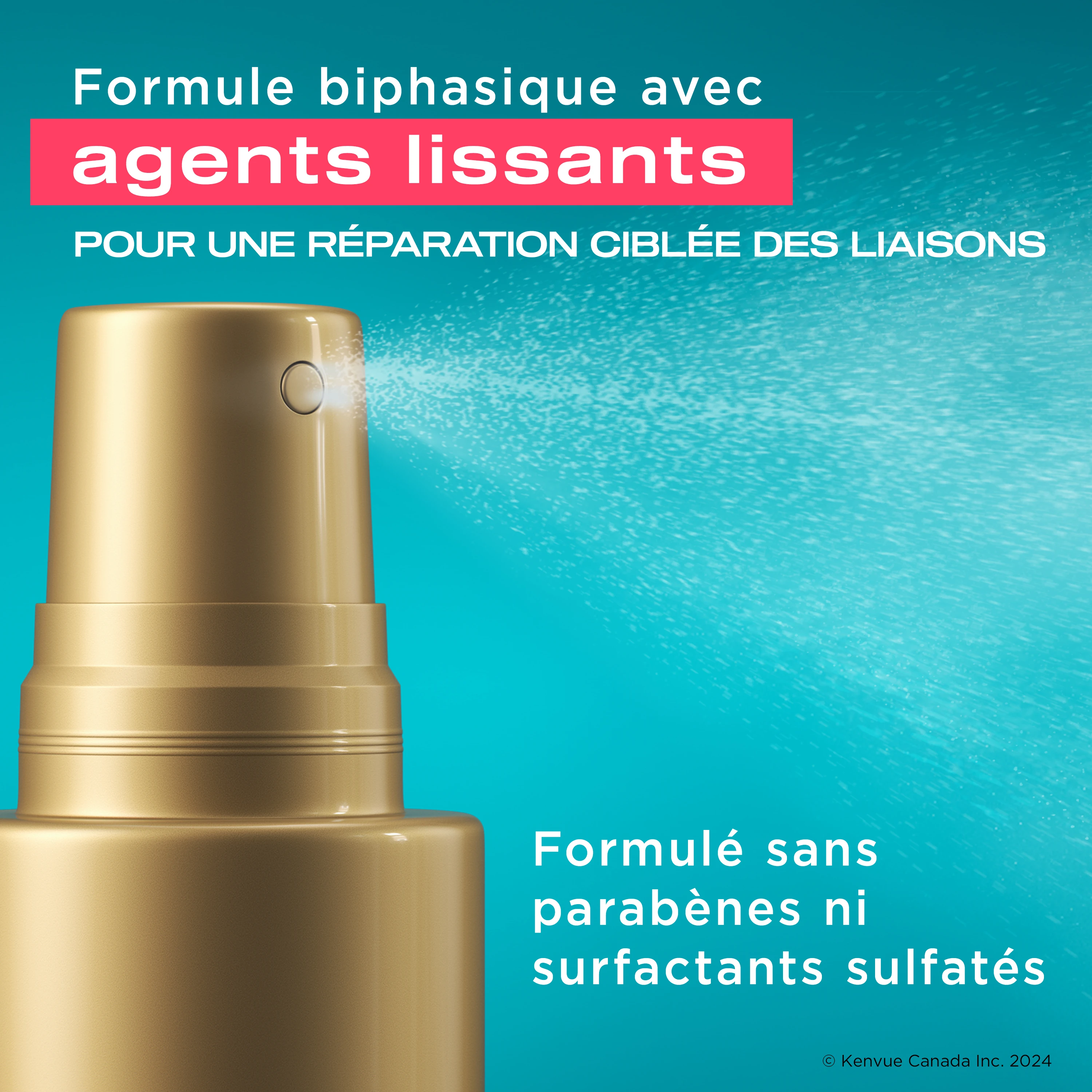 Un gros plan du flacon vaporisateur d’huile OGX® libérant de l’huile  
