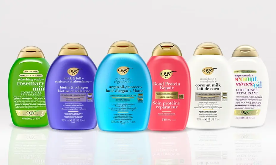Une bannière présentant six revitalisants capillaires d’OGX® Canada