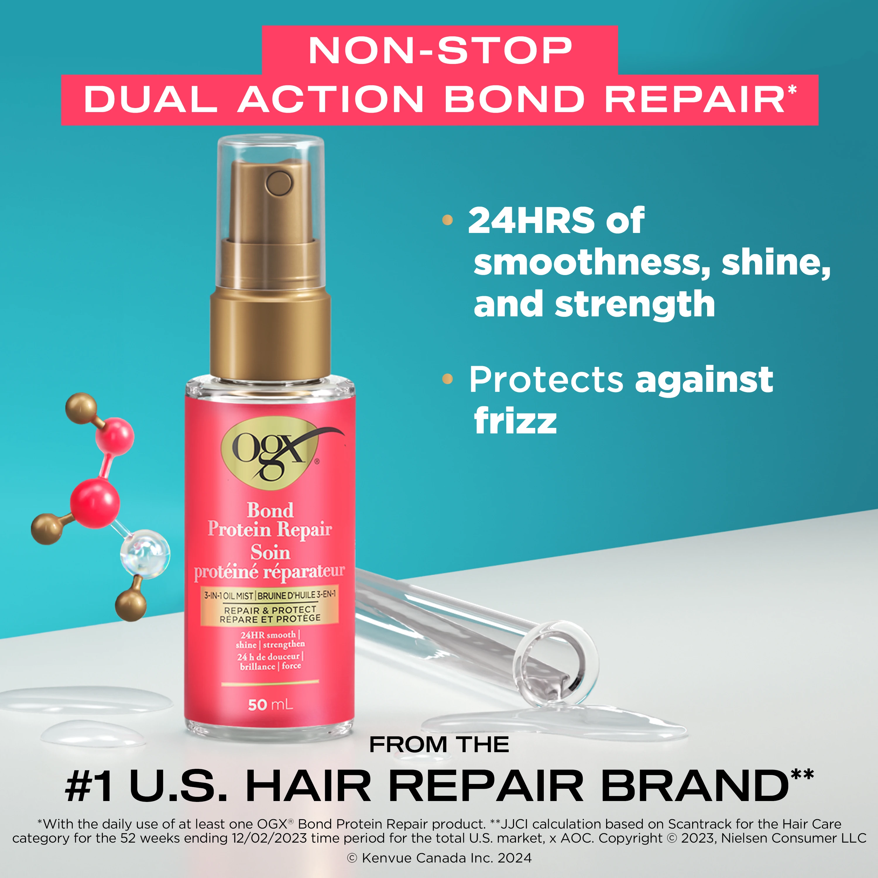 Front shot of OGX® Bond Protein Repair hair oil, 50 mL next to the illustration of molecules and a laboratory  tube