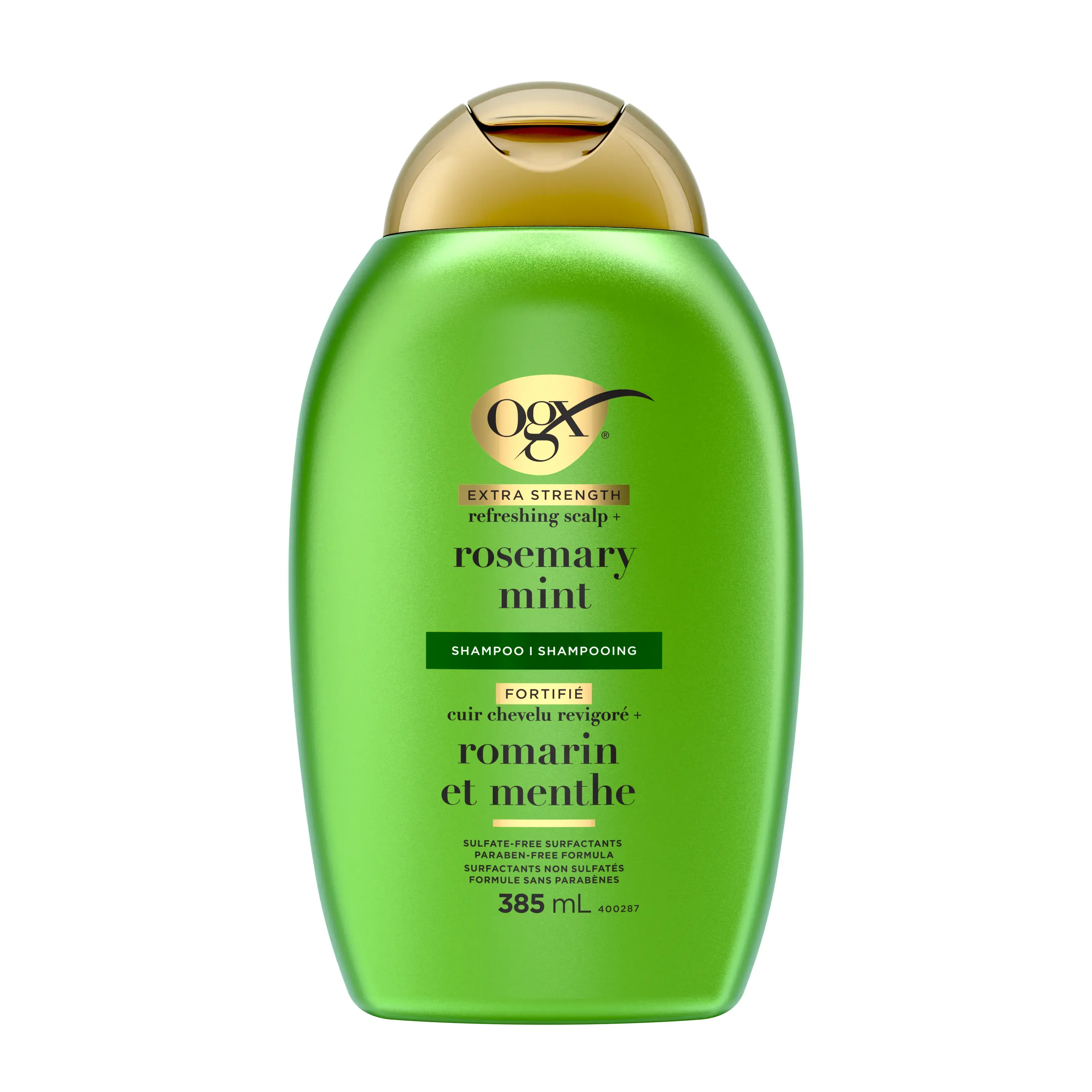 Vue de face shampooing extra fort pour cuir chevelu revigoré + romarin et menthe OGX®, bouteille de 385 mL