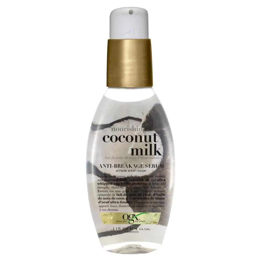 Vue avant du sérum capillaire anticassures nourrissant + lait de coco OGX®, bouteille à pompe de 118 mL