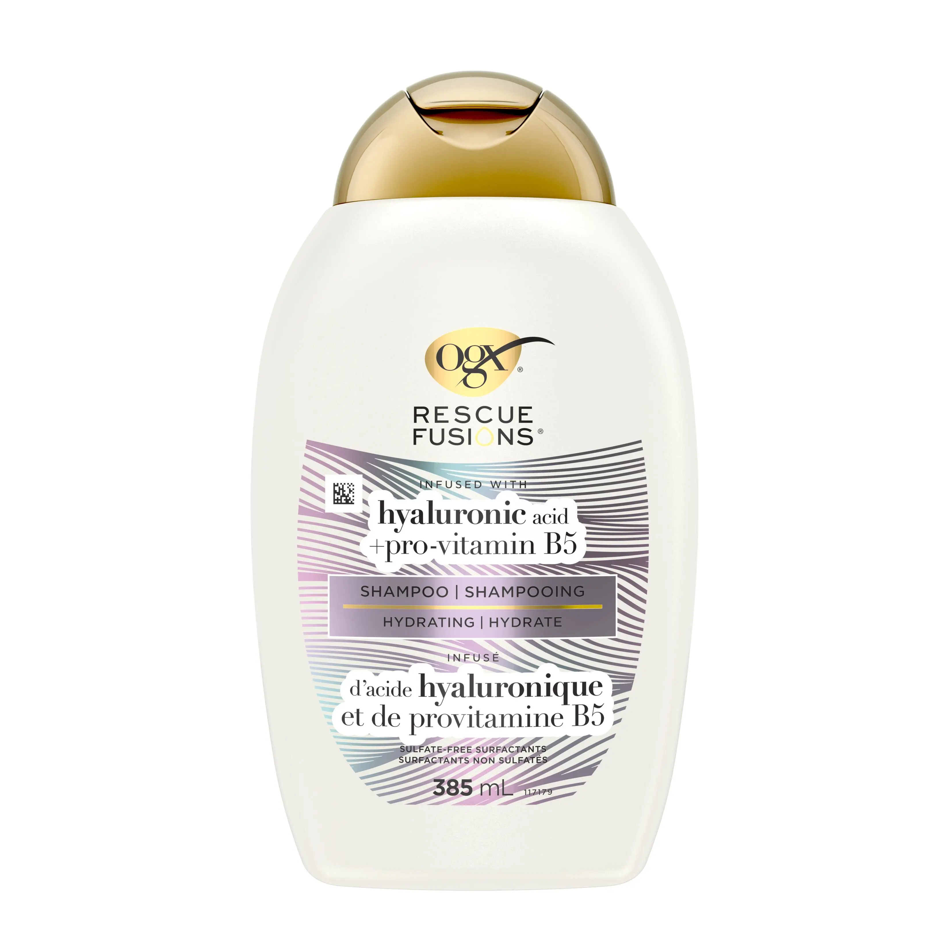 Vue avant du shampooing OGX® Rescue Fusions® acide hyaluronique + provitamine B5, flacon de 385 ml.