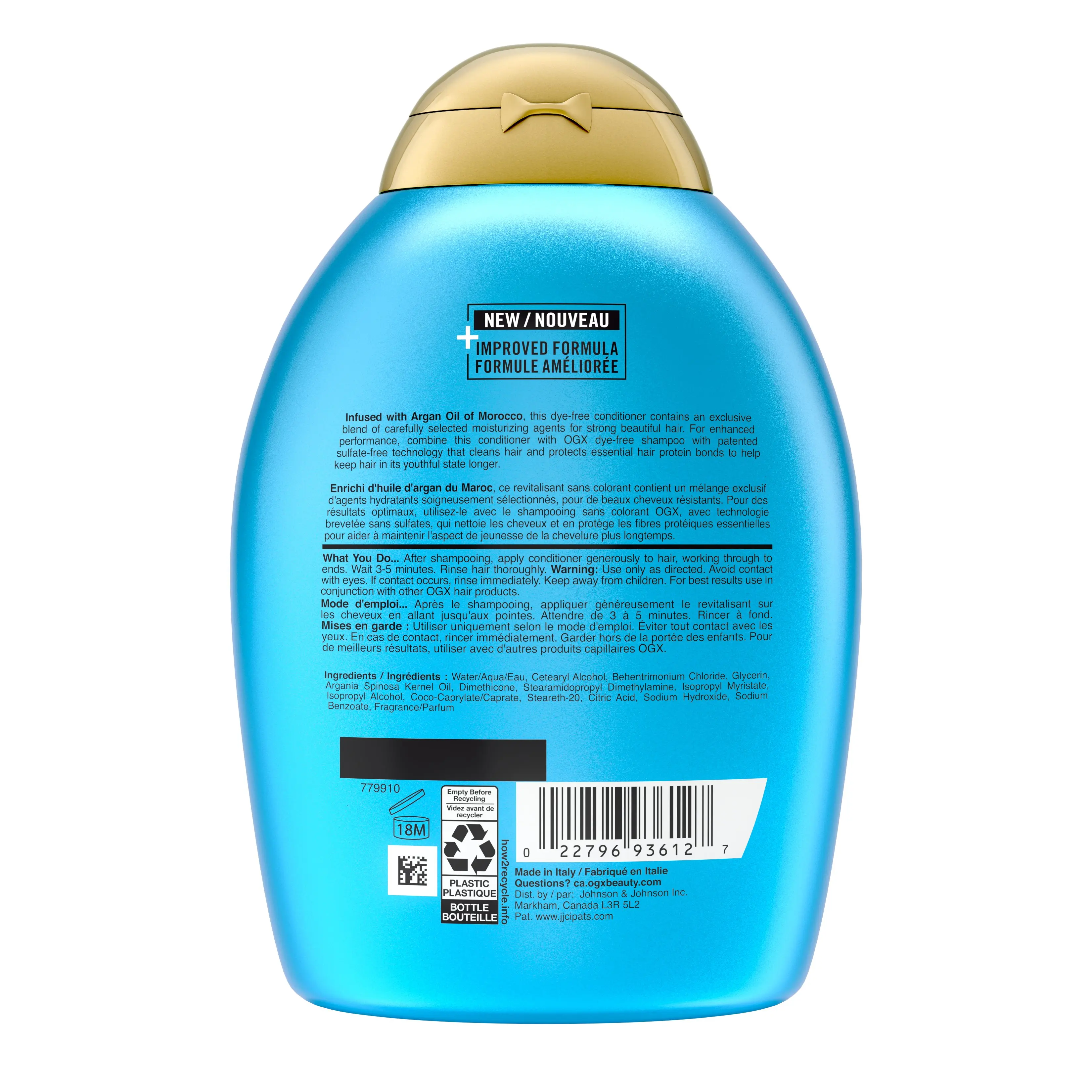 Vue arrière du revitalisant régénérant + huile d’argan du Maroc OGX®, 385 ml, tube compressible