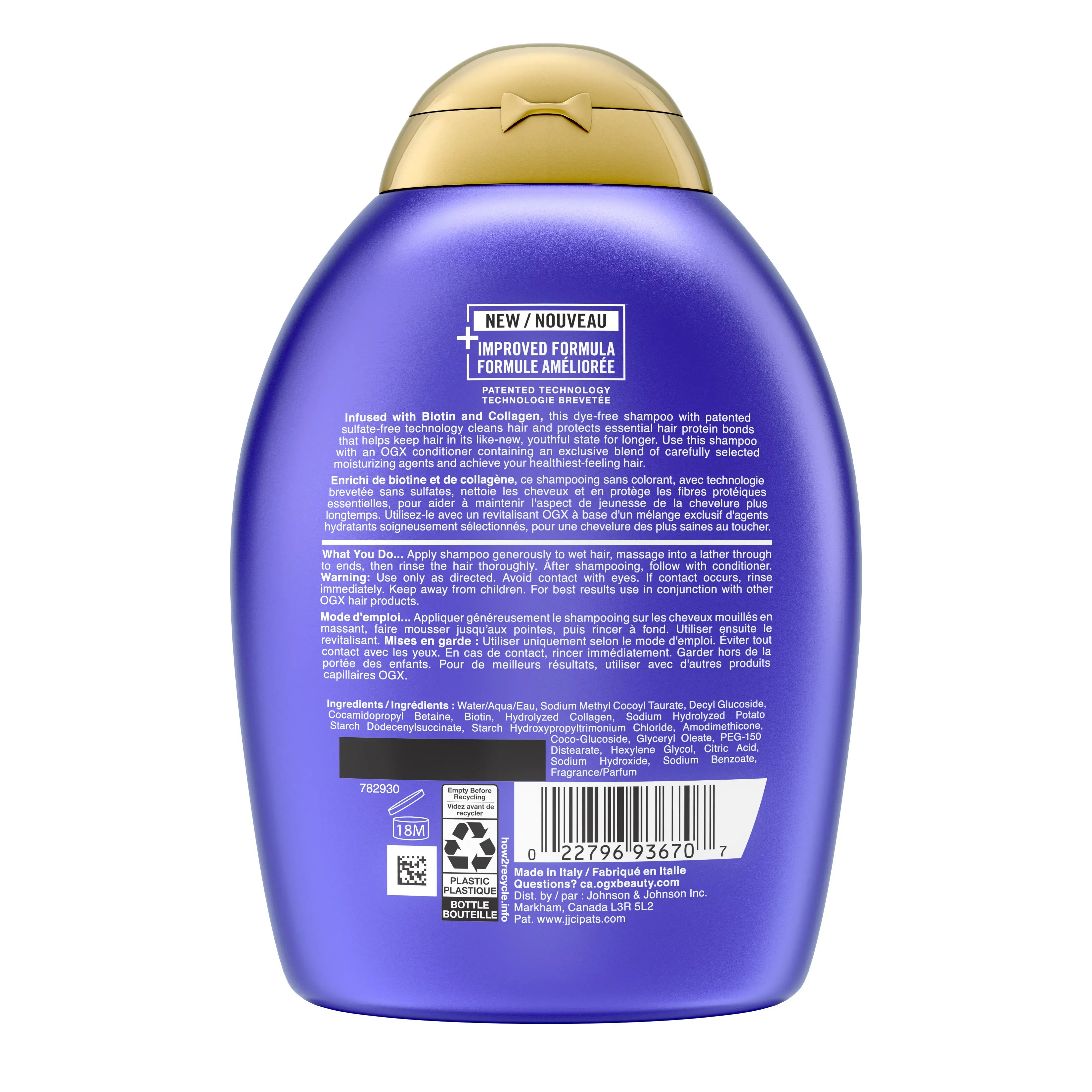 Back shot of OGX® Thick & Full+ Biotin & Collagen Volumizing Shampoo, 385mL, squeeze bottle