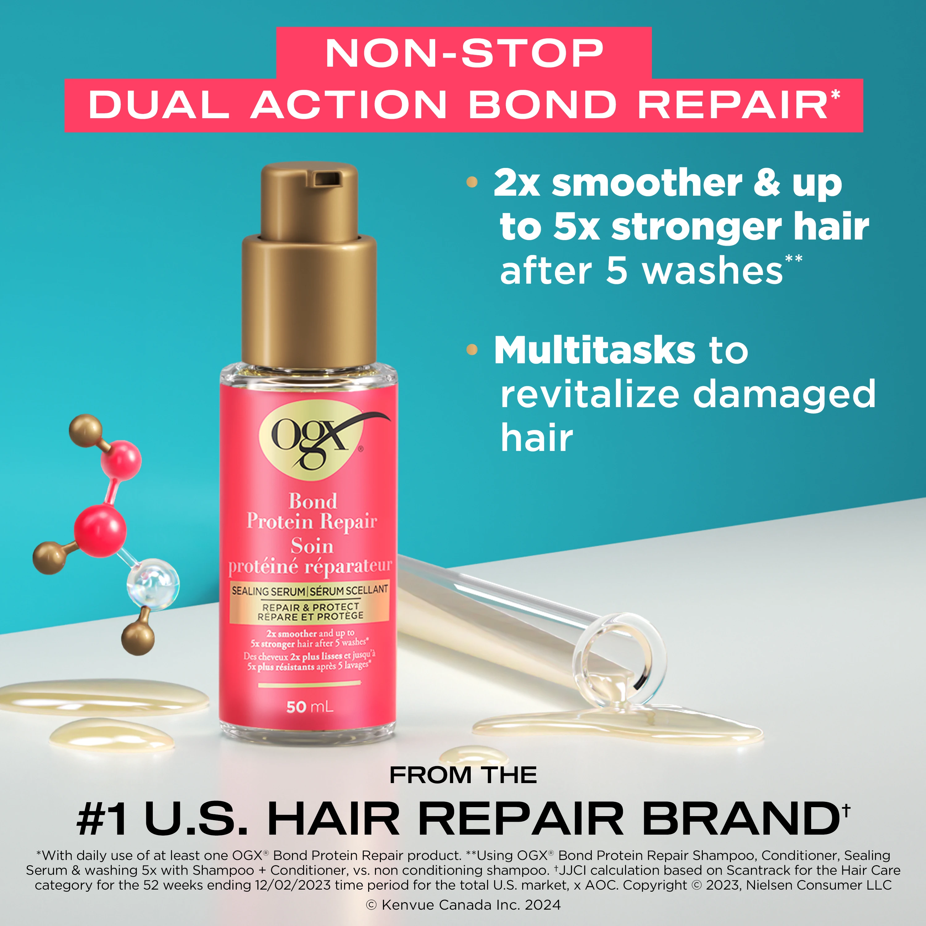 Front shot of OGX® Bond Protein Repair Hair Serum, 50 mL next to the illustration of molecules and a laboratory  tube