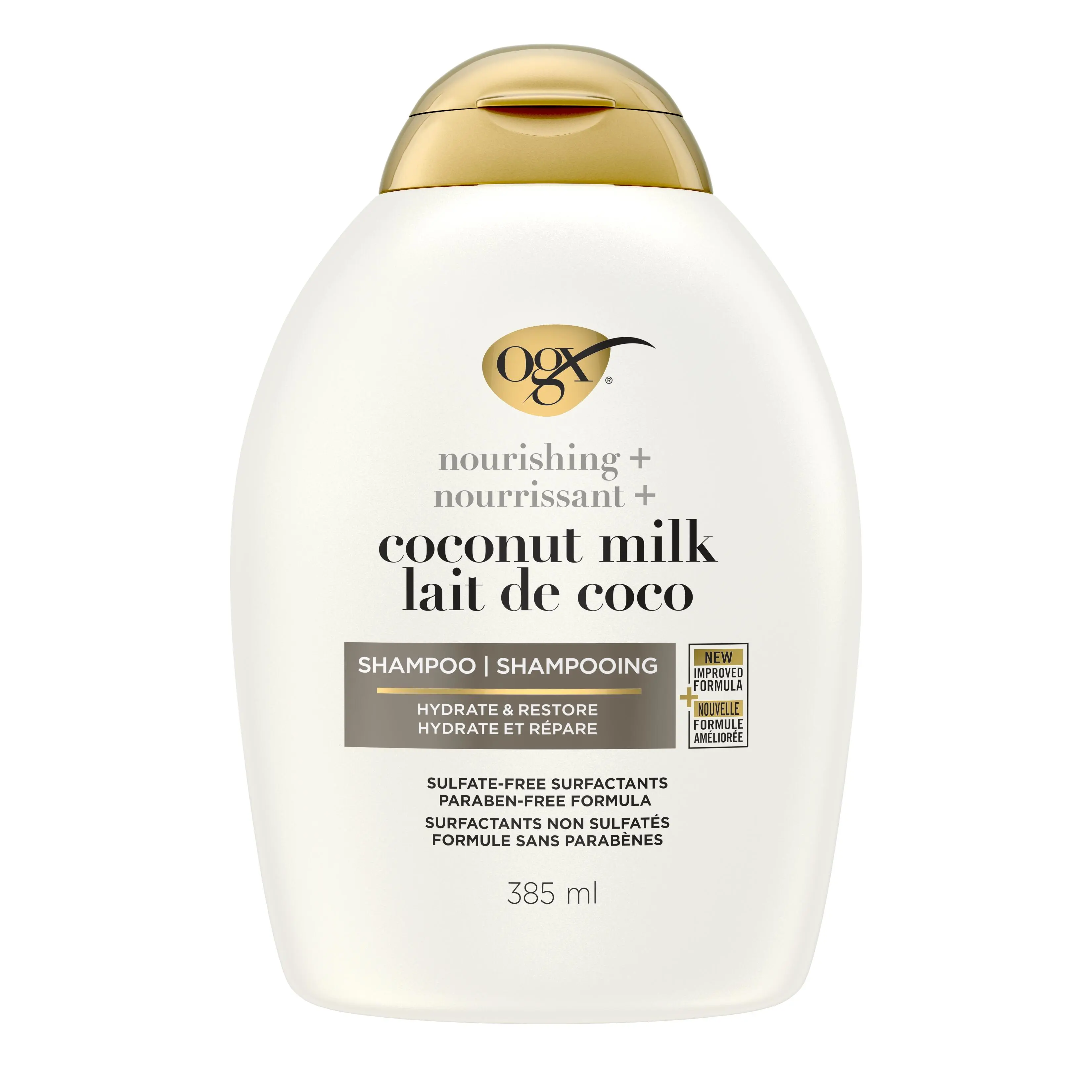 Vue de face shampooing nourrissant + lait de coco OGX®, bouteille de 385 mL