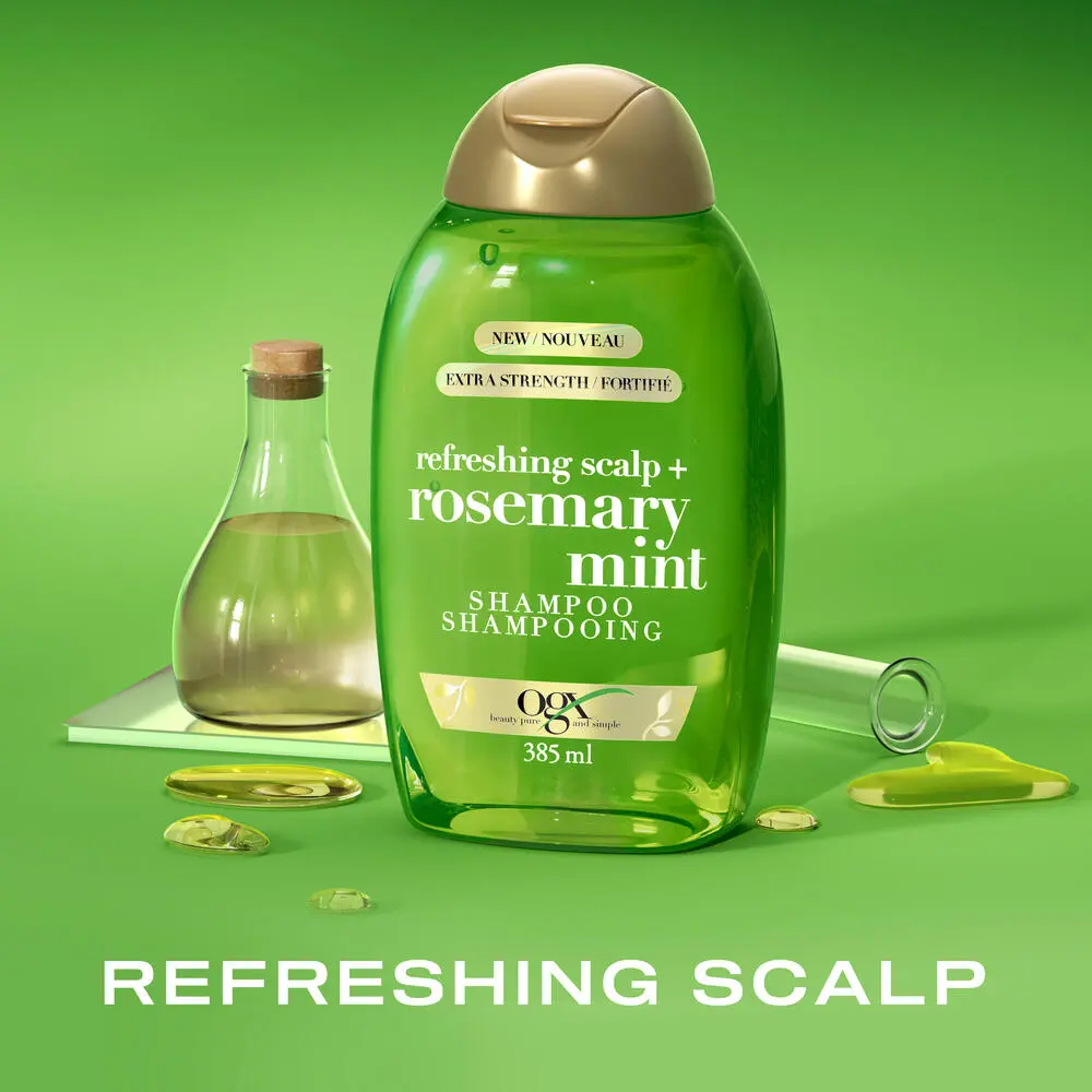 Front shot of OGX® Rosemary Mint Shampoo, 385 mL with lab tubes