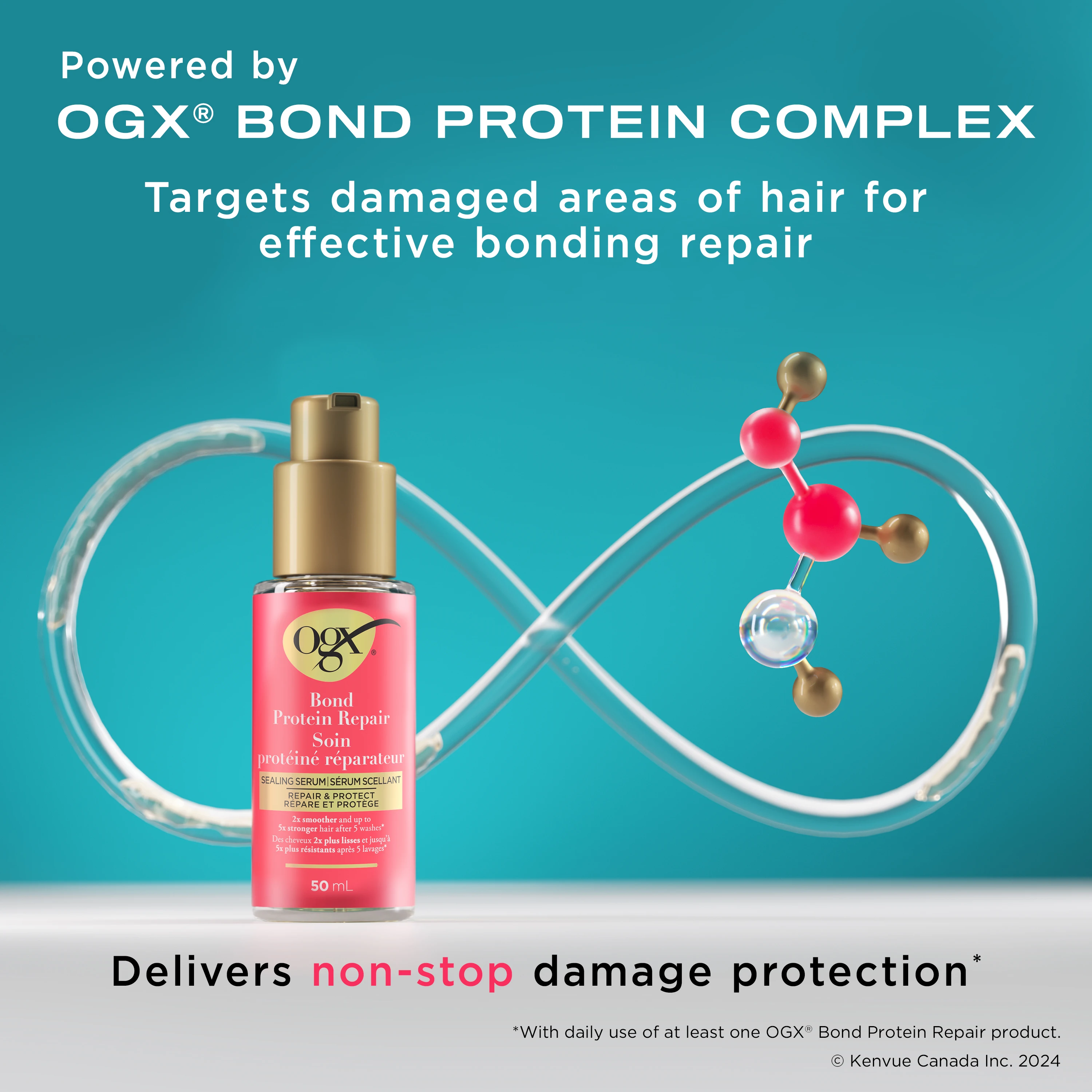 Front shot of OGX® Bond Protein Repair Hair serum, 50 mL and illustration of molecules and infinity shaped tube at the background