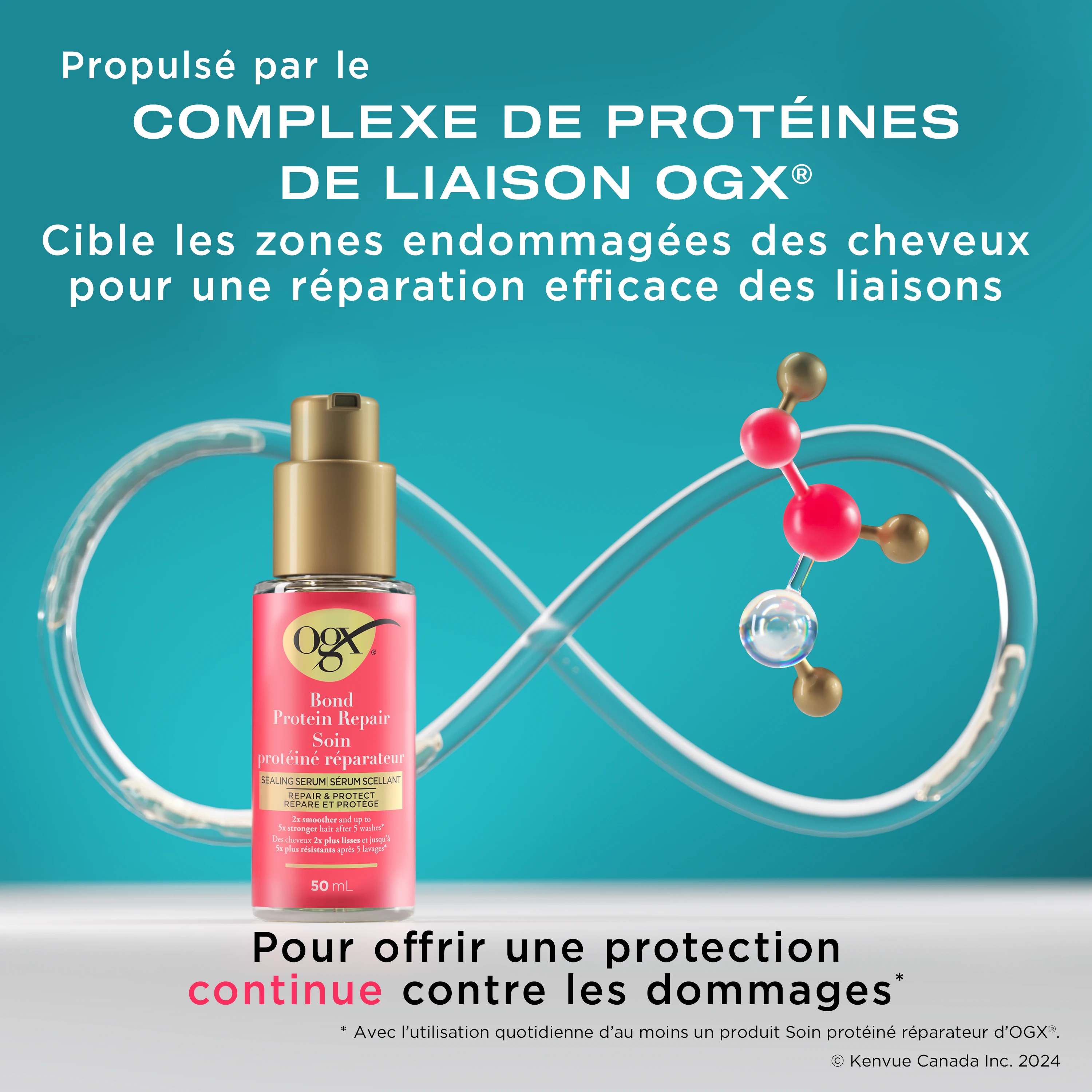Vue avant du sérum capillaire Soin protéiné réparateur OGX® de 50 mL et une illustration de molécules et d’un tube en forme de symbole de l’infini en arrière-plan