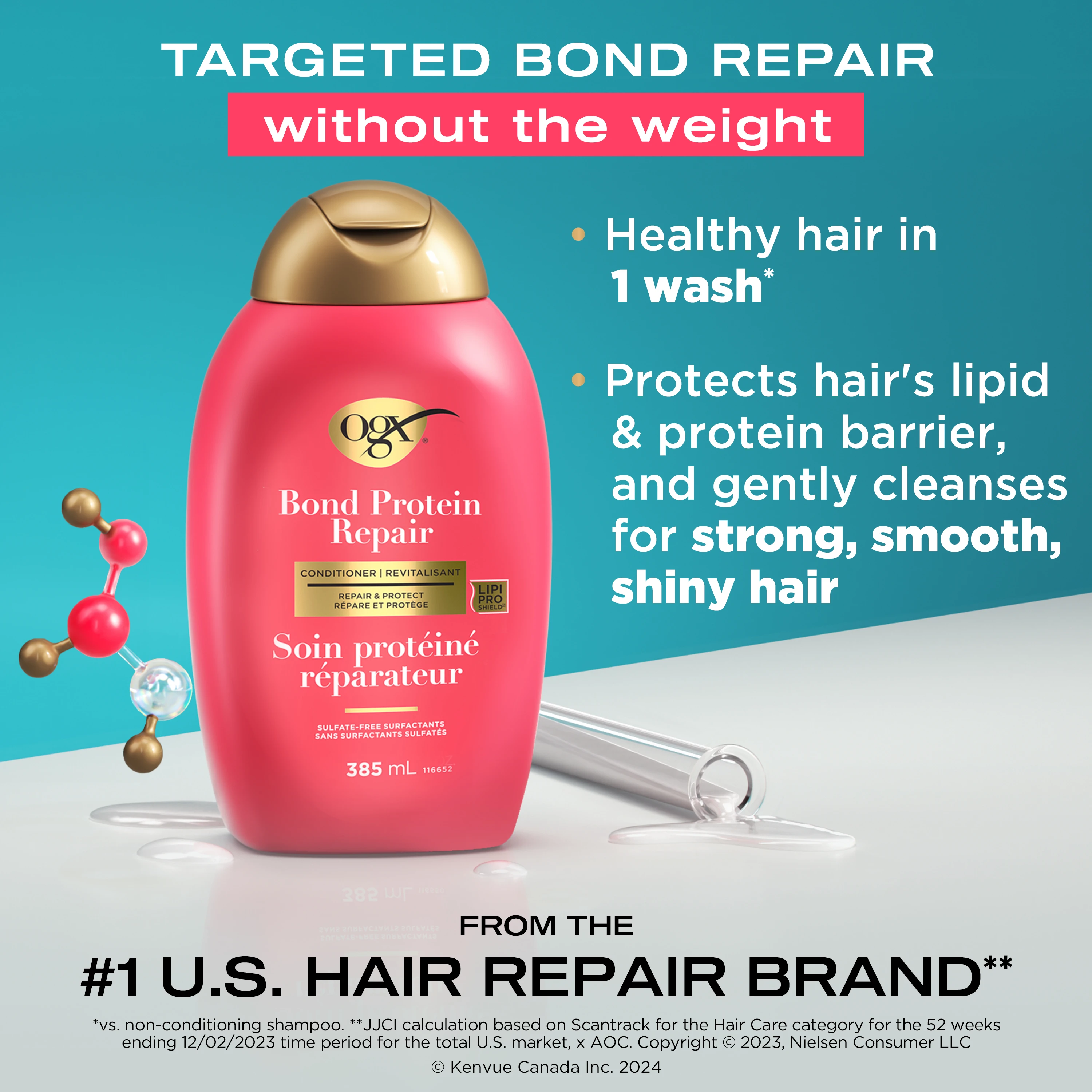 Front shot of OGX® Bond Protein Repair Conditioner, 385 mL next to the illustration of molecules and a laboratory  tube