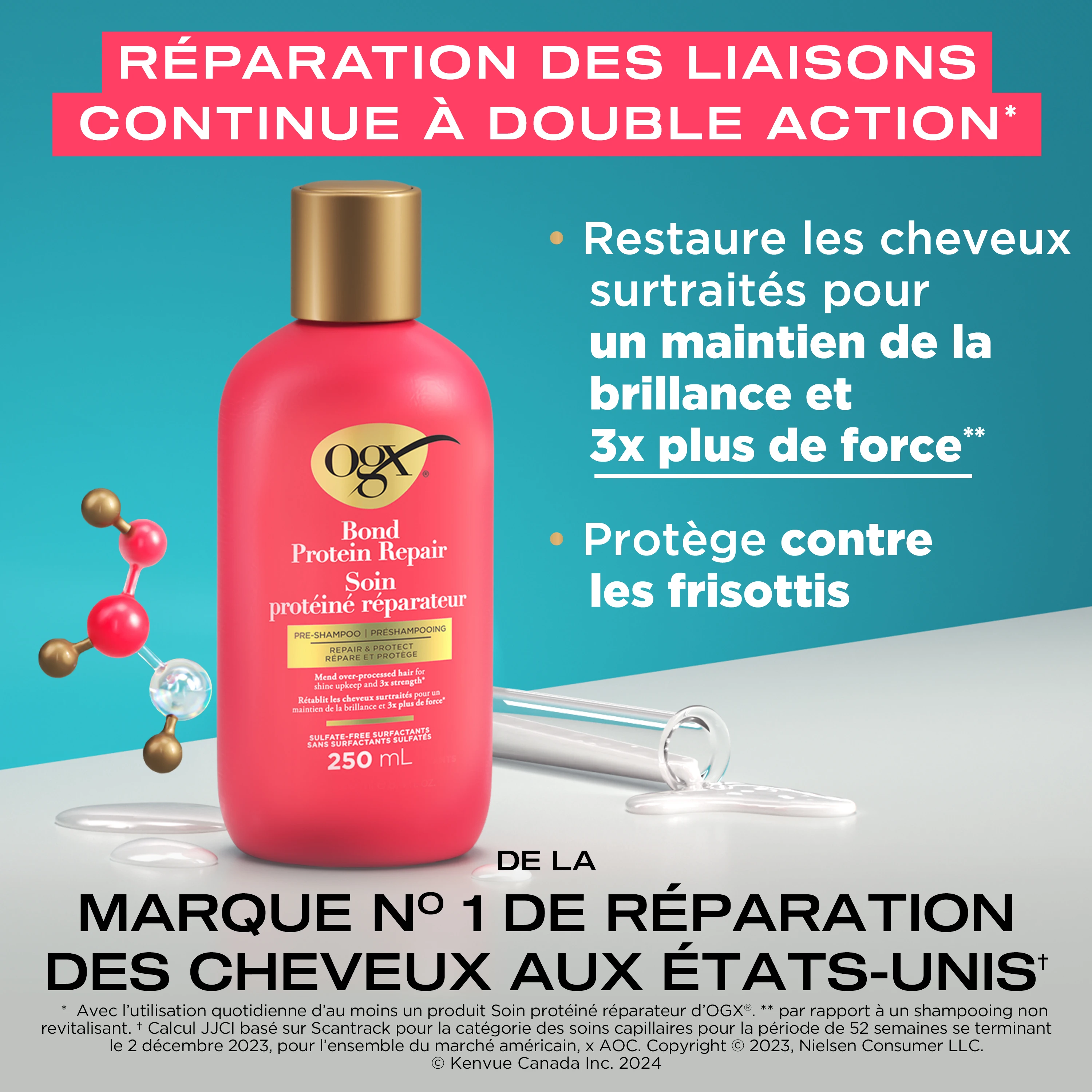 Vue avant du préshampooing Soin protéiné réparateur OGX® de 250 mL à côté d’une illustration de molécules et d’une éprouvette