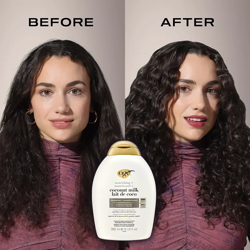 Before and after image of a woman’s hair after using OGX® Coconut Milk shampoo
