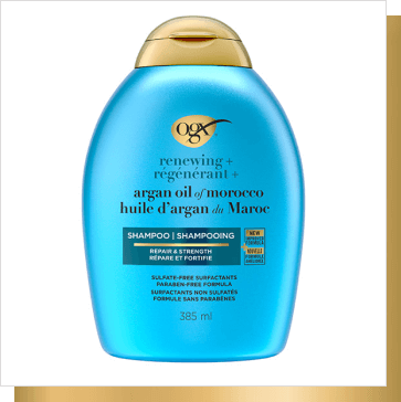 Photo de face du shampooing OGX® régénérant + huile d’argan du Maroc (Répare et Fortifie), 385 ml